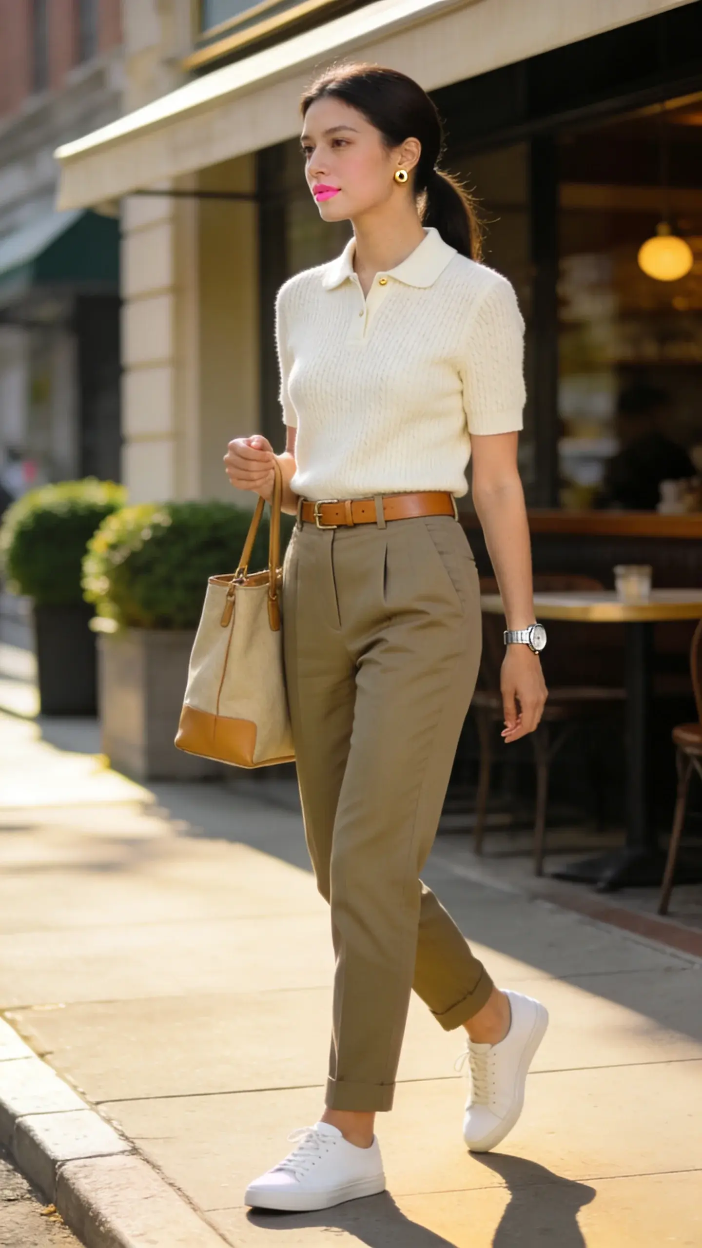 Realistic fashion street-style photo of a woman embodying timeless classic style in a “weekend polished polo” look: she wears a cream fine‑knit short‑sleeve polo sweater that lightly skims the body, neatly tucked into tailored stone chinos with a clean front crease and a tan leather belt. On her feet are pristine white minimalist leather sneakers. Accessories are understated and refined: small gold stud earrings, a slim silver watch, and a canvas‑and‑tan‑leather tote carried at the elbow. Hair is smooth in a low ponytail, light natural makeup with a soft pink lip. She stands mid‑stride on a sunlit city sidewalk outside a café with muted neutral tones and trimmed greenery, evoking a subtle country‑club vibe without formality. Late‑morning golden light, shallow depth of field, crisp textures (knit, chino twill, leather), true‑to‑life color, full‑body framing, editorial street‑style composition, high‑resolution, photorealistic.