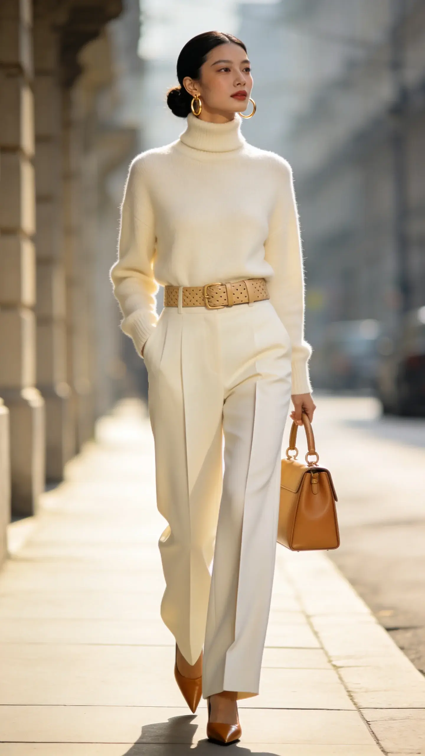 Elegant woman in a monochrome cream ensemble walking confidently along a sunlit city sidewalk, captured in a high-resolution street style photograph. She wears a luxurious cream cashmere turtleneck tucked into cream tailored wide-leg trousers with a sharp crease, cinched by a sand-colored textured leather belt. On her feet: tan pointed-toe pumps. Accessories include medium gold hoop earrings and a structured camel top-handle handbag. The tones stay within the same family—cream, ivory, bone—while textures vary for depth: soft knit, smooth wool tailoring, and pebbled leather. Natural daylight with gentle backlighting to elongate the silhouette and emphasize the head-to-toe monochrome effect; shallow depth of field for a creamy bokeh background of muted urban architecture in warm neutrals. The woman has sleek, polished hair pulled back in a low bun, minimal glowy makeup, and a poised, elongated posture that subtly enhances height. Photographed at eye level with a slight upward angle to accentuate length; crisp, realistic details, no text, editorial fashion photography style.
