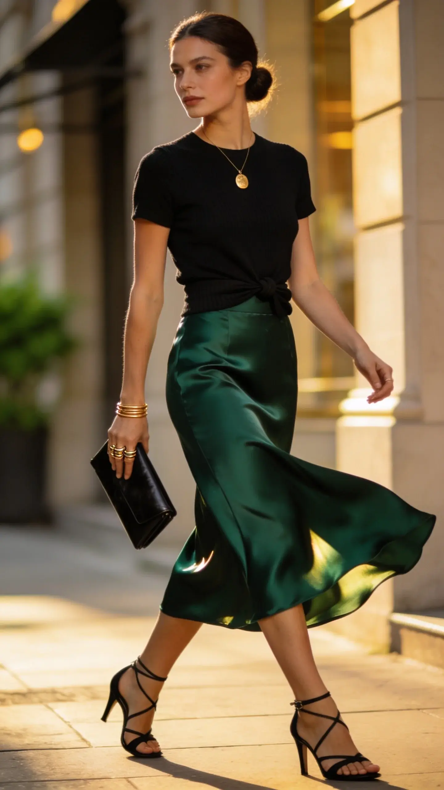 Elegant woman in a sunlit city street at golden hour, wearing a deep emerald silk bias-cut midi skirt with liquid movement, paired with a black fitted knit tee tucked in with a subtle twist at the waist; black strappy heeled sandals, minimalist gold pendant necklace, thin gold stacking rings, and a sleek black leather clutch held at her side. The woman exudes refined confidence, walking mid-stride so the skirt catches the light and drapes fluidly. Clean, minimal styling: natural makeup with soft glow, neat low bun. Background is softly blurred upscale architecture and a hint of greenery, warm tones and gentle shadows. Realistic high-quality fashion photography, 50mm lens look, shallow depth of field, crisp textures of silk and knit, editorial street style vibe, no text.