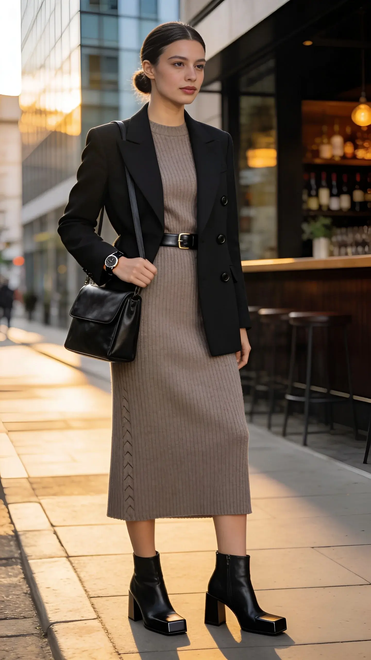 Realistic high-quality fashion street-style photo of an elegant woman wearing a taupe ribbed midi knit dress cinched with a slim black leather belt, topped with a sharp black double-breasted blazer. She pairs it with black leather block-heel ankle boots and a structured black leather crossbody bag worn on the shoulder. A minimal watch with a black strap peeks from the blazer sleeve. Scene: late afternoon golden hour on a chic city sidewalk near modern office buildings transitioning to a cozy wine bar in the background, softly blurred. Styling details: blazer slightly nipped at the waist, dress hem hitting mid-calf with subtle rib texture visible, belt buckle minimal and polished, boots with a squared-off toe and sturdy block heel. Hair in a sleek low bun, natural makeup with soft nude lip. Color palette: taupe, black, and warm neutrals. Lighting: soft, directional golden light creating gentle shadows and a refined sheen on leather. Shot on a full-frame camera, 85mm lens, shallow depth of field, crisp textures, lifelike skin tones, editorial fashion photography, no text.