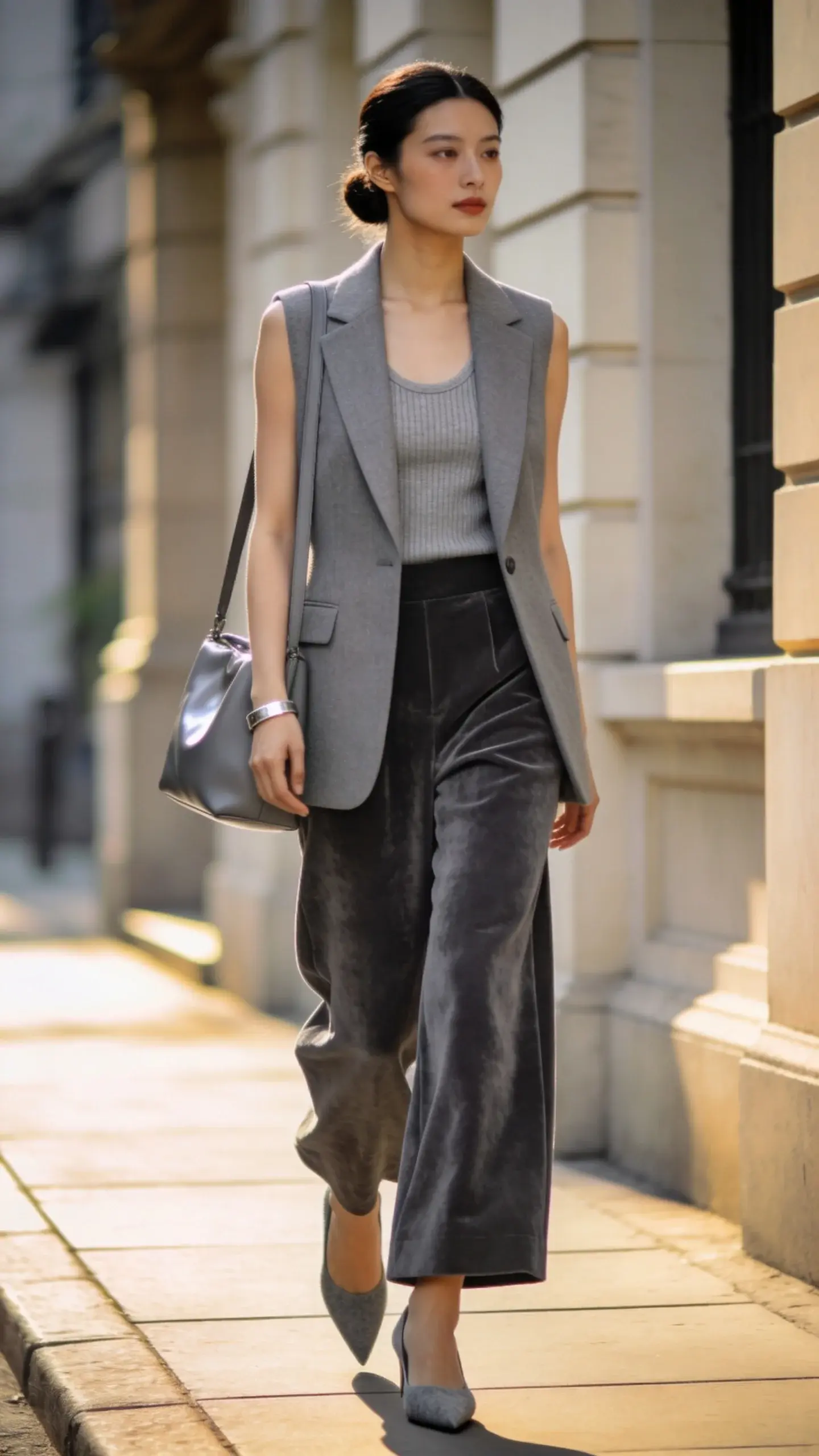 Elegant woman in a tonal grey layered outfit walking along a sunlit city sidewalk, captured in a high-resolution street-style photo. She wears a stone-grey ribbed knit tank under a dove-grey, sharply tailored vest, paired with charcoal high-waisted, wide-leg trousers that drape cleanly to the ankle. Grey suede pointed-toe pumps elongate the silhouette. Accessories include a minimalist silver cuff bracelet and a structured slate-grey leather shoulder bag with a subtle sheen. Fabrics are intentionally mixed—knit, suiting wool, and suede—for rich texture. Tonal stack runs light to dark from top to bottom. Her hair is sleek in a low bun, makeup soft and polished. Lighting is natural golden hour, with gentle shadows and a shallow depth of field; background shows refined urban architecture in neutral tones, slightly blurred to keep focus on the outfit’s textures and harmonious greys. Realistic color accuracy, crisp detail on fabric grain and suede nap, editorial fashion photography style, 50mm lens look, no text.