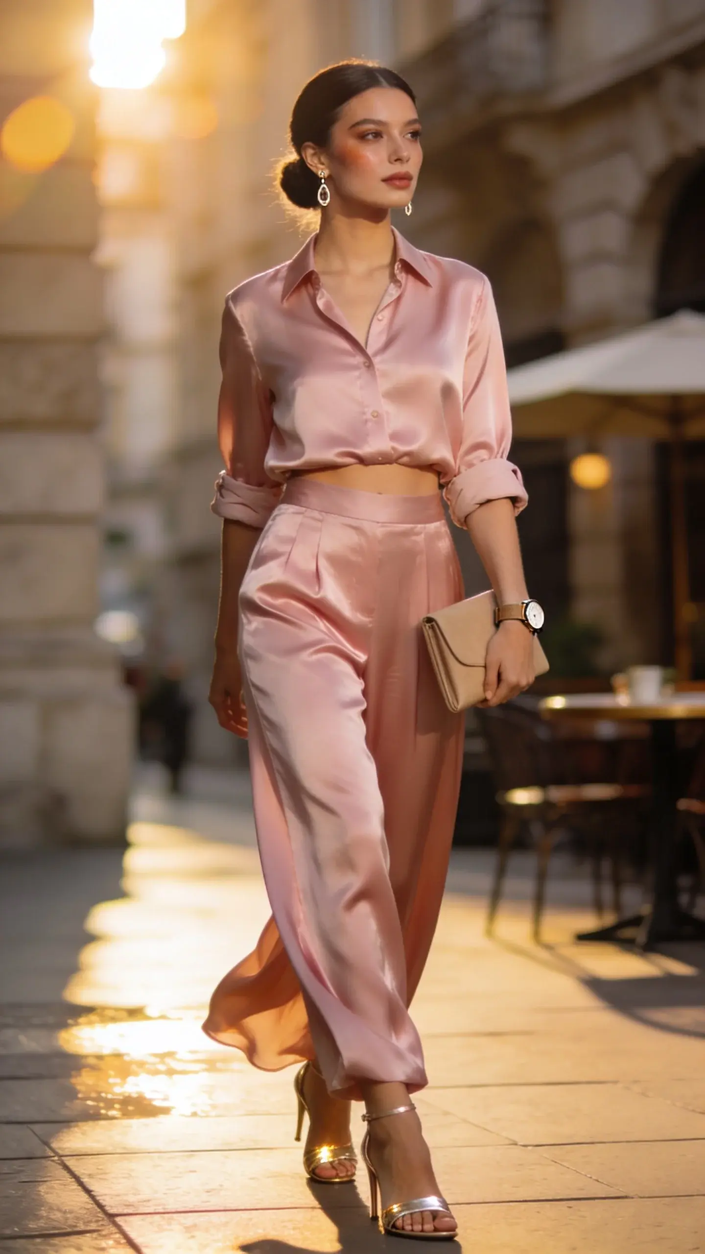 Golden-hour street-style photo of an elegant woman wearing a coordinated silk set that mixes like a capsule wardrobe: a soft blush silk button-up shirt half-tucked into matching soft blush silk wide-leg pants, sleeves rolled to mid-forearm. She completes the look with champagne metallic heeled sandals, delicate drop earrings, a thin tan leather watch, and a minimalist sand-toned clutch tucked under one arm. The scene captures a seamless day-to-night vibe: warm backlight flares, softly blurred city backdrop with neutral stone buildings and a hint of café tables, polished pavement reflecting light. The model has natural, glowy makeup and a sleek low bun, subtle highlight on cheekbones to mirror the silk’s sheen. Composition focuses on texture and movement—silk drape, gentle pant sway, and the gleam of metallic sandals. Photorealistic, high-resolution fashion photography with shallow depth of field, natural color grading, and crisp detail. No text.