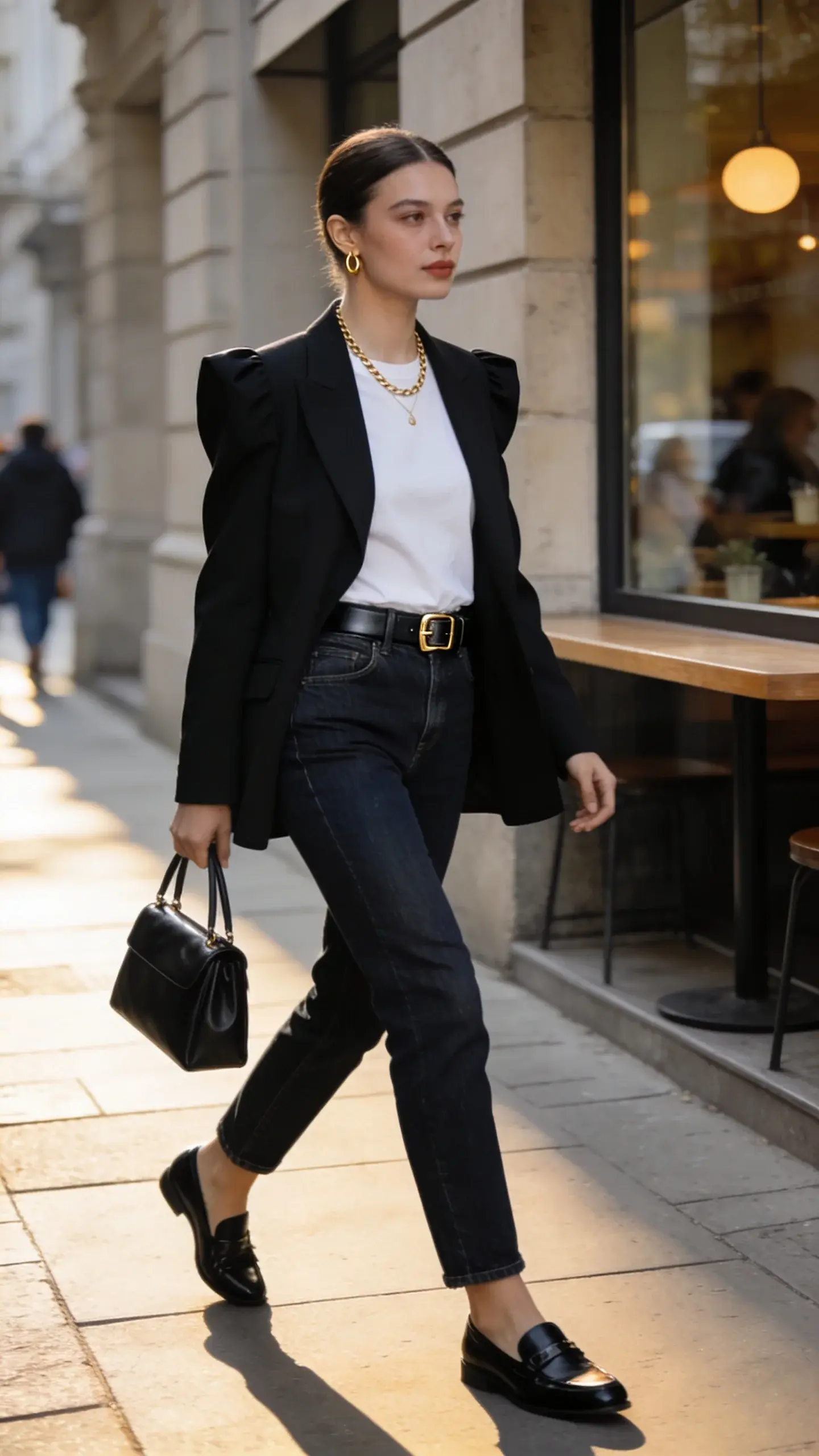 Realistic high‑quality fashion photo of an elegant woman embodying quiet luxury, standing on a sunlit city sidewalk near a minimalist café. She wears a slightly oversized black blazer with strong, structured shoulders over a crisp white crewneck tee, neatly tucked into dark‑wash straight‑leg jeans. A slim black leather belt with a understated metal buckle defines the waist. On her feet: polished black leather loafers. Accessories: a delicate gold chain necklace, small gold hoops, and a classic black leather top‑handle bag. Hair is smooth and tucked behind ears; makeup is natural and refined. She’s mid‑stride, glancing to the side with calm confidence. Lighting is soft morning golden hour, with subtle shadows and a warm, editorial tone. Background includes muted stone façades, a café window reflection, and out‑of‑focus pedestrians for urban realism. Color palette: black, charcoal, white, deep indigo denim, and warm neutrals. Shot on a 50mm lens at f/2.8 for shallow depth of field, full‑body composition that highlights the blazer + tee combo and polished details. No text, no logos.