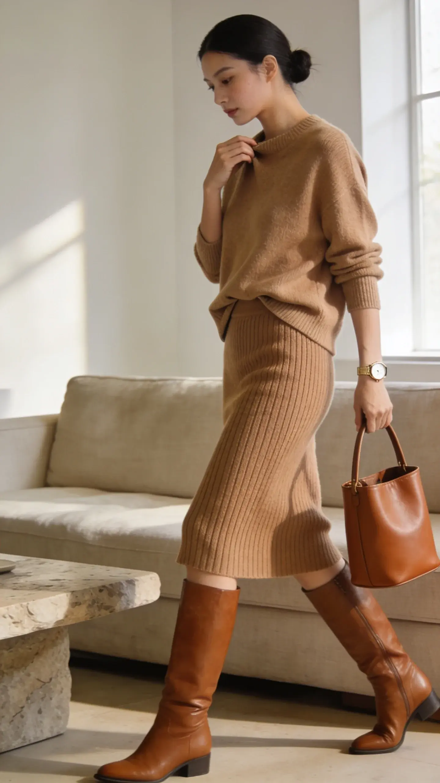 Realistic fashion editorial photo of an elegant woman embodying “quiet luxury” in elevated knits, shot in soft natural window light inside a minimalist, modern apartment with neutral tones. She wears a fine-gauge camel knit sweater slightly relaxed with a subtle half-tuck into a ribbed knit midi skirt in a matching camel tone, creating a monochrome palette with depth. Knee-high leather boots in rich tan, a slim minimalist gold watch, and a structured leather bucket bag in warm cognac complete the look. Hair is sleek low bun, no loud logos, minimal makeup with dewy skin. She’s mid-stride near a linen sofa and stone coffee table, holding the bucket bag by the handle, one hand adjusting the half-tuck. Textural contrast between the smooth sweater and ribbed skirt is clearly visible. Ambient morning light, soft shadows, shallow depth of field, high-resolution 50mm lens look. Color grading in warm neutrals emphasizing texture and calm sophistication. No text, no logos.