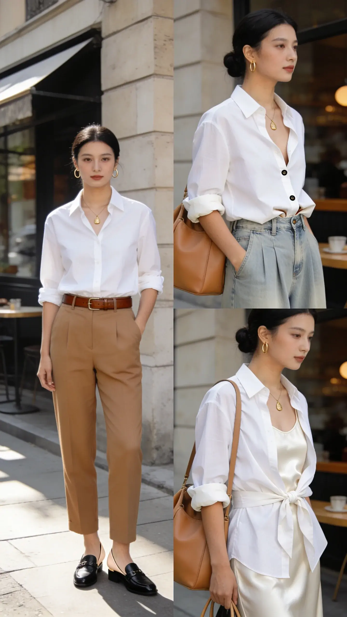 Realistic high-quality fashion photo of an elegant woman showcasing “The Button-Up Remix” three-way styling in one cohesive scene: she stands on a sunlit city sidewalk near a café with neutral stone walls and soft morning light. Outfit anchor is a crisp white button-up shirt styled in three variations across one look progression captured in a single frame: 1) front shot with shirt fully tucked into high-waisted camel trousers, cinched with a slim brown leather belt; 2) angled shot showing a French-tuck into light-wash wide-leg jeans with the top one or two buttons undone; 3) side detail showing the shirt tied at the waist over a cream silk cami. Sleeves rolled to mid-forearm for a relaxed but intentional feel. Accessories: delicate gold pendant necklace, slim gold hoop earrings, classic black leather loafers (alternate pair of nude ballet flats peeking from her tote), and a soft tan leather shoulder bag. Hair in a low, polished bun; natural makeup with soft glow. Minimalist styling, no logos, luxe textures visible (crisp cotton, smooth leather, drapey denim). Photographic style: full-body portrait with shallow depth of field, natural light, soft shadows, true-to-life colors, editorial street-style framing. No text.