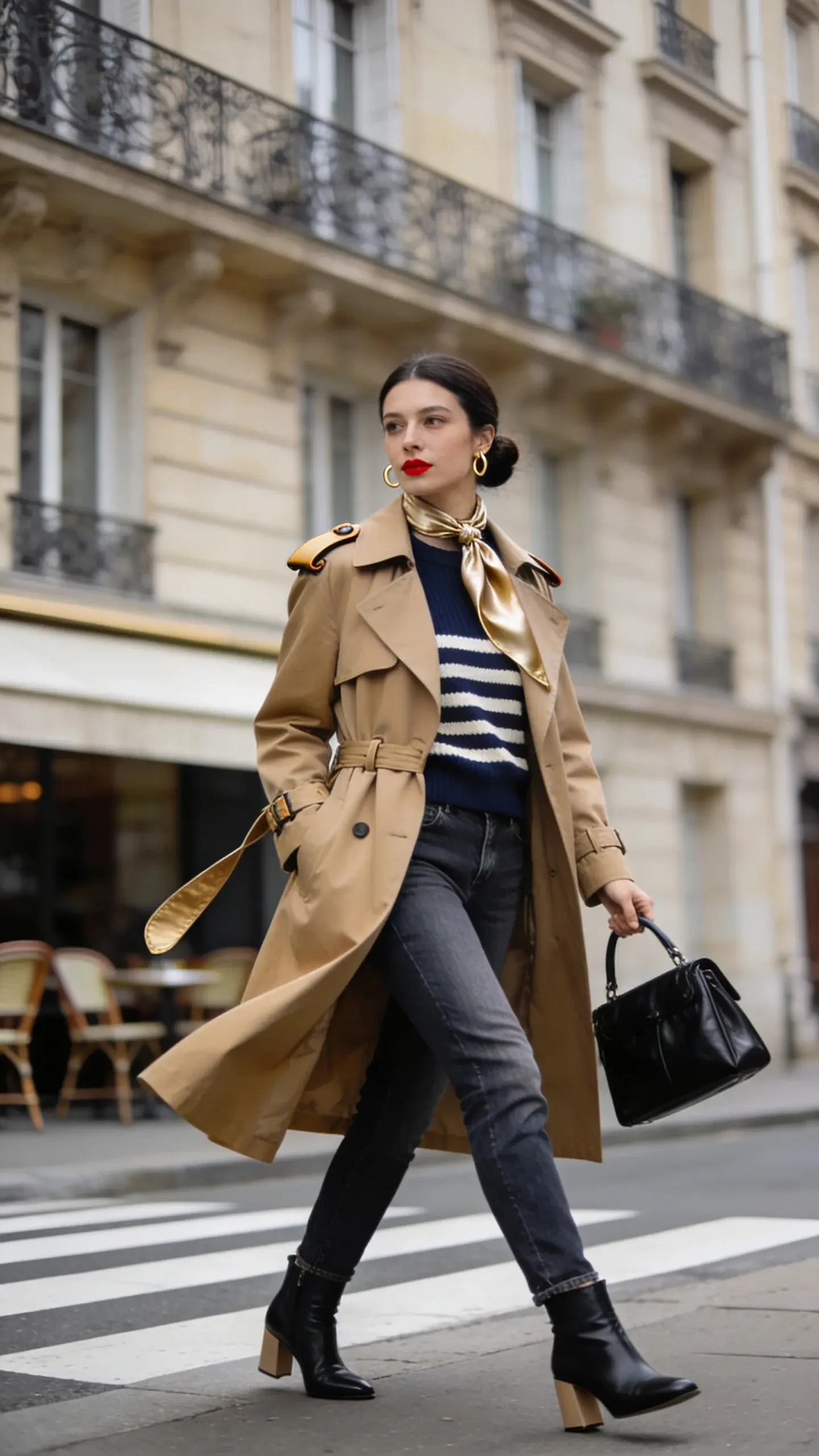 Elegant woman executing the trench coat power move over basics: a realistic, high-quality street-style photo captured in soft overcast daylight on a Parisian sidewalk with limestone facades and wrought-iron balconies. She wears a classic tan mid-calf trench coat belted and left slightly open to frame a navy-and-ivory striped knit top, straight-leg mid-wash jeans with a clean hem, and sleek black leather ankle boots with a modest block heel. A champagne-toned silk scarf is tied neatly at her neck, and she carries a structured black leather satchel with top handle in her left hand. Her hair is pulled into a low, polished bun; minimal gold hoop earrings; natural makeup with a subtle red lip. The trench’s storm flap and epaulets are visible; belt hangs with a single looped tail for movement. She is mid-stride, looking confident past the camera, wind giving gentle motion to the coat hem and scarf. Background softly blurred with a hint of café chairs and crosswalk. Color palette: tan, navy, black, cream, subtle gold. Photorealistic, shallow depth of field, 50mm lens, editorial street fashion lighting, high contrast yet soft tones, no text.