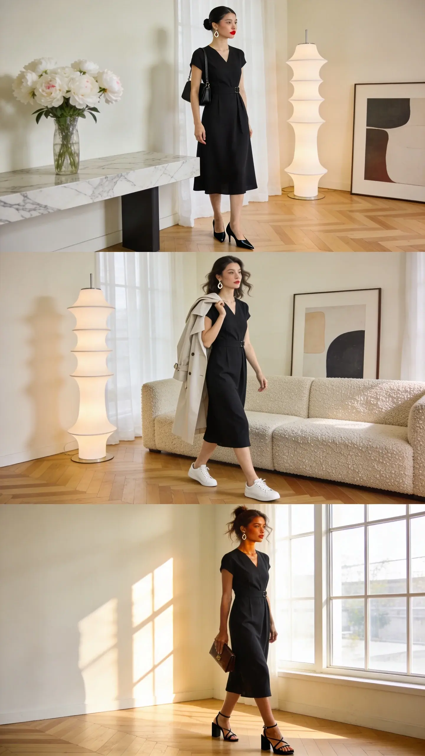 Ultra-realistic fashion editorial photo of an elegant woman practicing “shoe swap sorcery” with the same outfit in three moods, captured in soft natural window light in a chic minimalist apartment. She wears a timeless little black dress (midi length, clean lines, subtle waist), delicate statement earrings, and carries a minimalist black shoulder bag. The scene shows three distinct full-length frames of her across the room, each differentiated only by shoes, hair, and subtle styling: - Look 1 (Elevate): Black pointed pumps, slick low bun, classic red lip, poised stance near a marble console; polished power mood. - Look 2 (Ease): White low-profile leather sneakers, softly waved hair, light trench coat draped over shoulders, casual stride by a boucle sofa; Sunday stroll ease. - Look 3 (Edge): Black strappy block heels, tousled half-up hair, bronzy glow, clutch in hand, confident step near a large window; night-out energy. Set design: cream-toned walls, oak herringbone floors, airy curtains, a sculptural floor lamp, a vase of white peonies, and a framed abstract art piece. Morning-to-golden hour directional light creating gentle shadows and depth. Camera: 50mm prime, eye-level, crisp focus with subtle background bokeh. High-resolution, editorial color grading, no text.