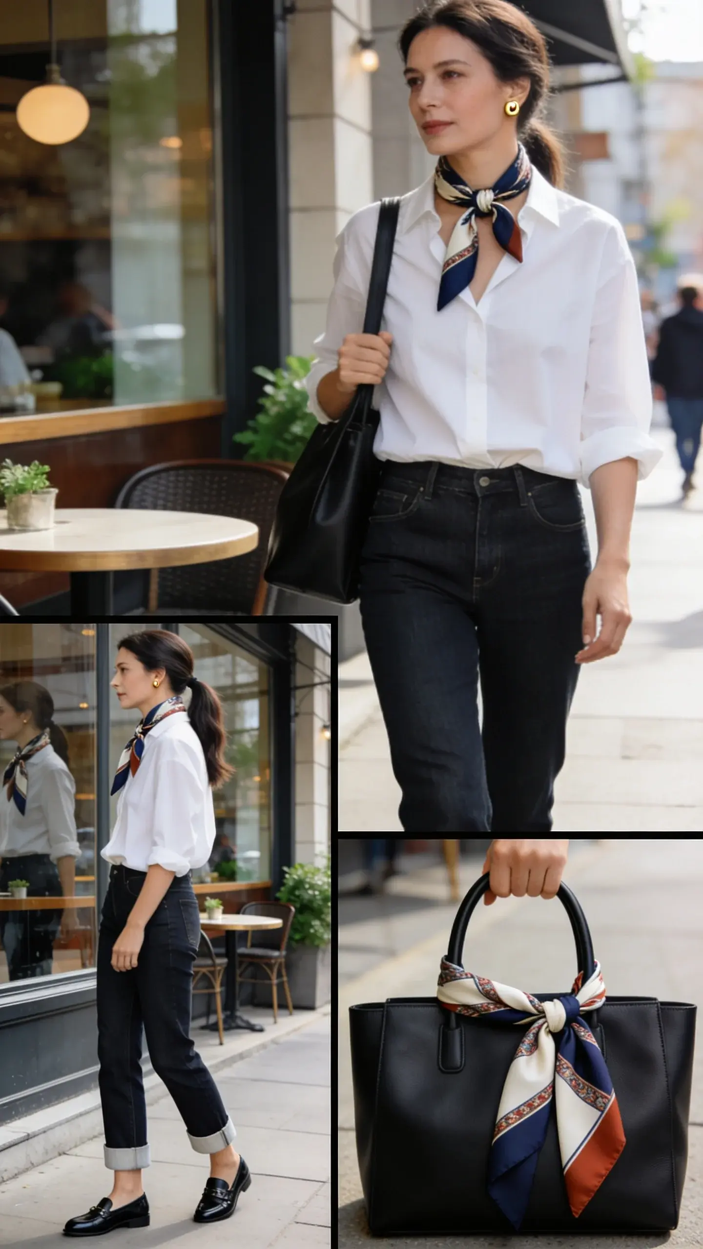 Realistic, high-resolution street-style photo of an elegant woman repeating an outfit three ways with a single silk scarf, captured in soft morning light on a clean urban sidewalk outside a café. Main subject: a refined, confident woman in her late 30s to early 40s with a polished, minimalist aesthetic. She wears a crisp white button-down shirt (slightly oversized, neatly half-tucked), dark indigo straight-leg jeans with a clean hem, black leather loafers, a structured black leather tote on her shoulder, and small gold stud earrings. Focus on the scarf-as-style-shift shown across the scene in three subtle variations: 1) around her neck in a short French knot with a vibrant printed silk scarf (navy, ivory, and rust accents) for a tailored vibe; 2) folded diagonally and tied bandana-style in her hand or draped over the tote handle to suggest a modern touch; 3) a second shot-in-frame moment of the same subject with the scarf as a low ponytail tie, softening the look. Composition uses a natural, editorial collage feel within a single frame: primary subject in the foreground wearing the French knot; in the mid-ground reflection of a shop window shows her profile with the scarf as a ponytail tie; the tote in close-up foreground has the bandana fold looped through the handle. Color palette: neutrals with a pop from the scarf. Background details: café tables, subtle greenery, blurred pedestrians for realism. Lighting: natural, directional, crisp highlights on cotton and silk texture. Camera: 50mm lens, shallow depth of field, fine fabric detail, no text, no logos, tasteful luxury vibe.
