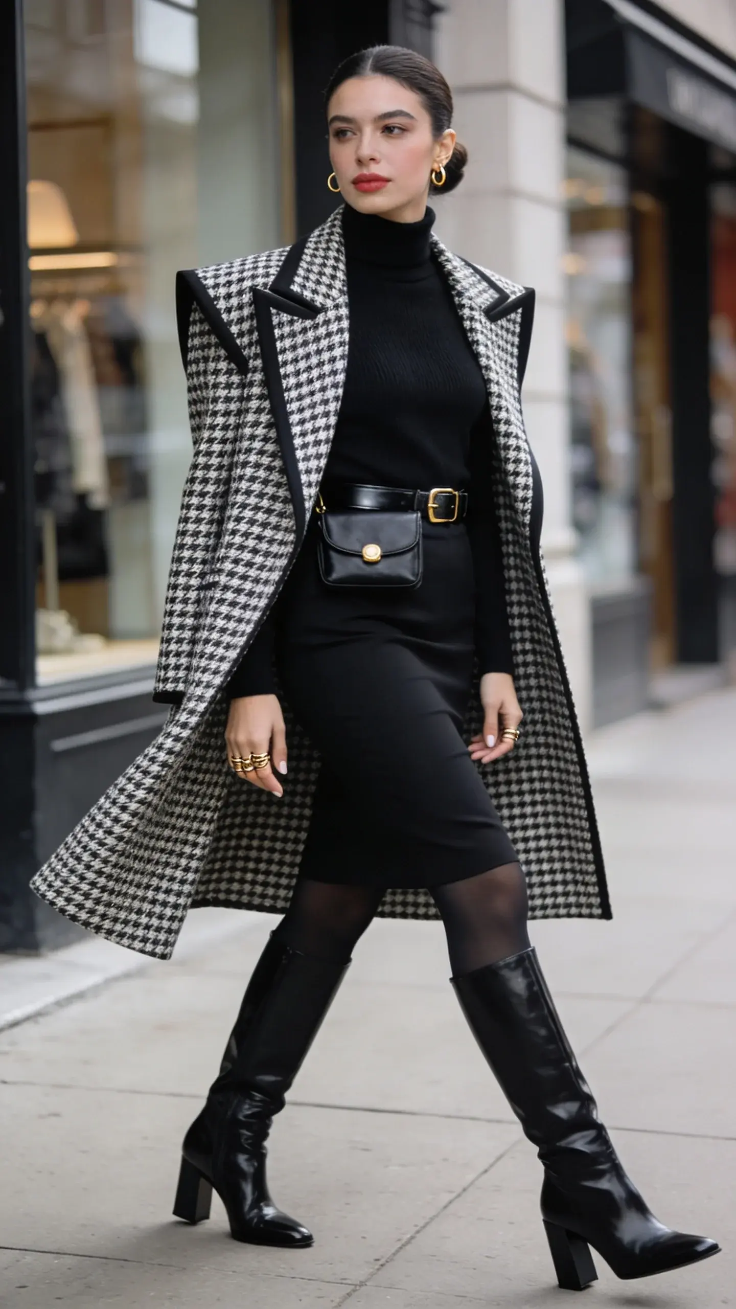 Elegant woman repeating outfits confidently: full-length street-style photograph in soft overcast daylight, urban sidewalk backdrop with blurred boutique facades. She wears a sleek black column underneath: fitted black cashmere turtleneck tucked into a high-waisted black pencil skirt that hits just below the knee, with matte opaque black tights. On top, a statement structured houndstooth coat in black-and-ivory with a sharp lapel, clean shoulders, and mid-calf length, left open to reveal the uninterrupted column. Footwear: polished black leather knee-high boots with a slim shaft and 2–3 inch block heel. Accessories: small black leather crossbody with subtle gold hardware worn at hip, minimal stacked gold rings, tiny gold hoop earrings, neat black leather belt with a thin gold buckle. Beauty: sleek low bun, soft neutral makeup with defined brows and a muted rose lip, short natural nails. Posing mid-stride with confident gaze slightly off-camera, coat gently flaring to show movement. Color palette: monochrome base with bold graphic topper. Lighting crisp and natural, shallow depth of field, high-resolution fashion editorial realism, no text.