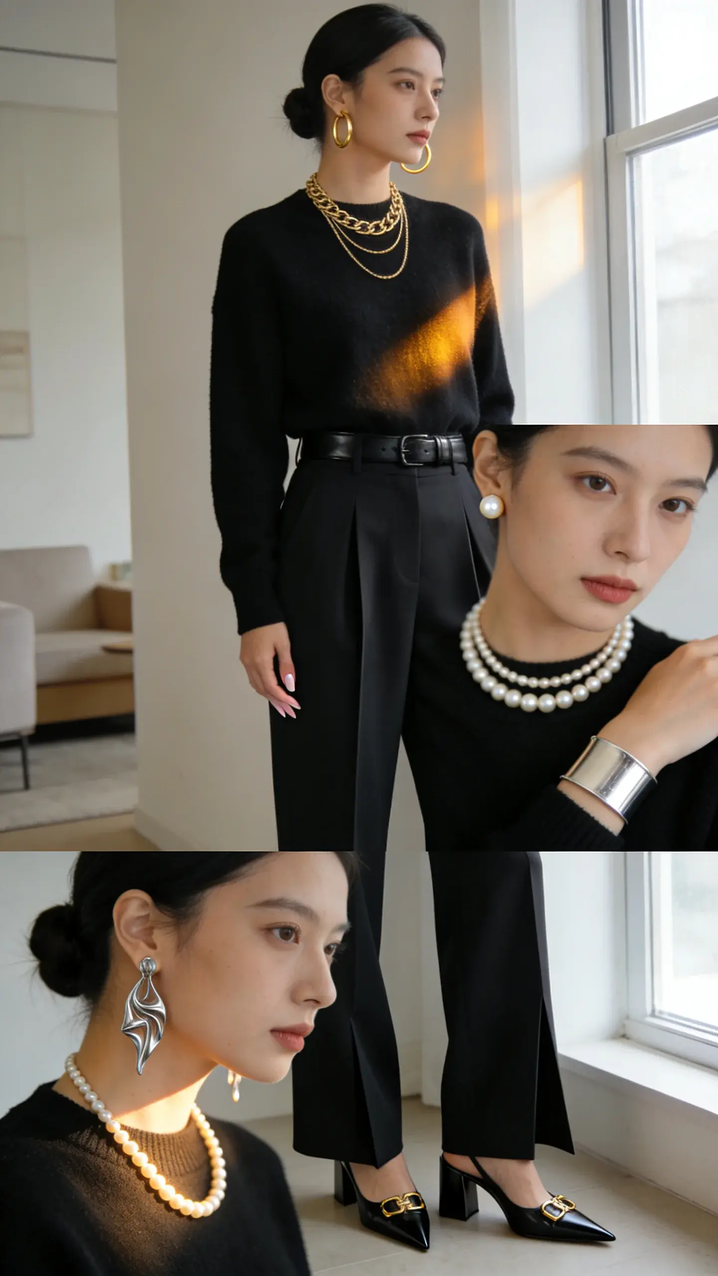 Elegant woman practicing outfit repeating through jewelry rotation: in a softly lit, modern apartment with neutral tones, she stands near a window wearing the same base—sleek black cashmere crewneck sweater tucked into high-waisted, wide-leg black trousers with a sharp crease, finished with black pointed-toe block heels with subtle gold hardware. Create three shots within one cohesive scene that feel like a seamless series of the same look transformed only by jewelry: - Look 1: Gold layered chains at varying lengths resting clean on the crewneck, medium gold hoop earrings; warm light catching the gold. - Look 2: Classic pearl studs and a single long pearl strand necklace doubled once; soft, elegant glow. - Look 3: Architectural silver sculptural drop earrings and a matching minimalist silver cuff; cooler, contemporary light. Details: neckline free of distraction so jewelry sits perfectly; hair in a low, polished bun; natural makeup with satin skin; subtle black leather belt (no logo); manicure in sheer nude. Composition: medium-full body primary shot with shallow depth of field, plus two tight portrait-oriented crops highlighting the jewelry swaps; reflective highlights on metal, realistic skin texture, premium fashion editorial style, 50mm lens look, high-resolution, no text.