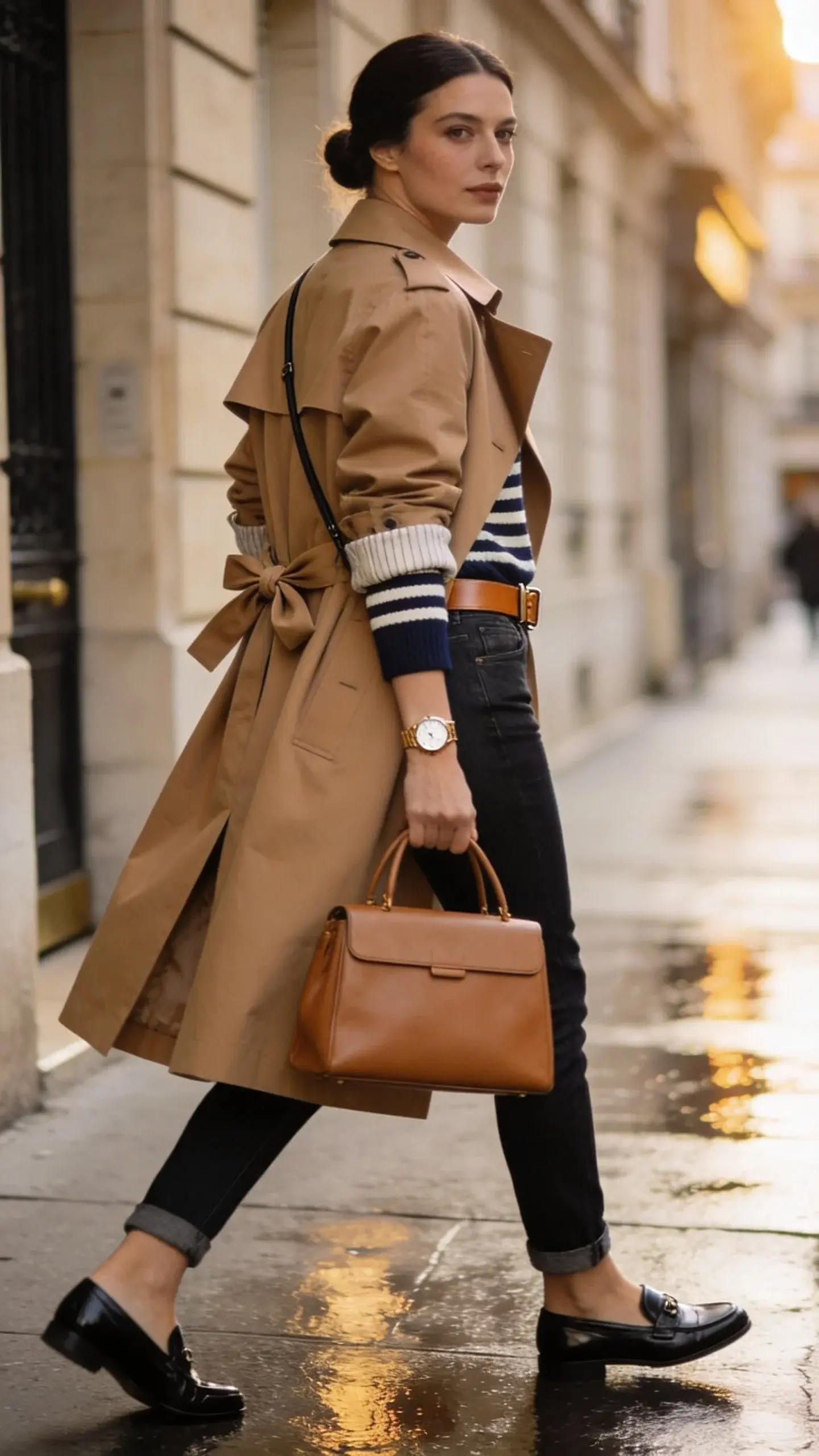 Street-style photo of an elegant woman in her 30s wearing a classic camel trench coat layered over a navy-and-cream Breton striped knit, slim dark-wash ankle-length jeans, and polished black leather loafers, photographed on a softly lit Parisian sidewalk after rain with subtle reflections on the pavement. The trench is worn open with the belt tied in a neat half-bow at the back to define the waist; sleeves are cuffed to reveal a glimpse of the striped knit at the wrists. She wears a slim tan leather belt, a simple gold watch, and carries a structured tan leather top-handle bag in one hand while a minimal crossbody strap peeks under the trench. Hair is in a low, sleek bun; natural makeup with a soft matte finish. Color palette: camel, navy, cream, tan, and black with warm neutrals. Composition frames her three-quarter length, walking mid-step, looking slightly off-camera, with shallow depth of field, golden hour light flaring at the edges, and the trench’s lines cleanly framing the outfit to feel intentional and finished. Ultra-realistic, high-resolution fashion photography, 85mm lens look, soft contrast, editorial vibe, no text.