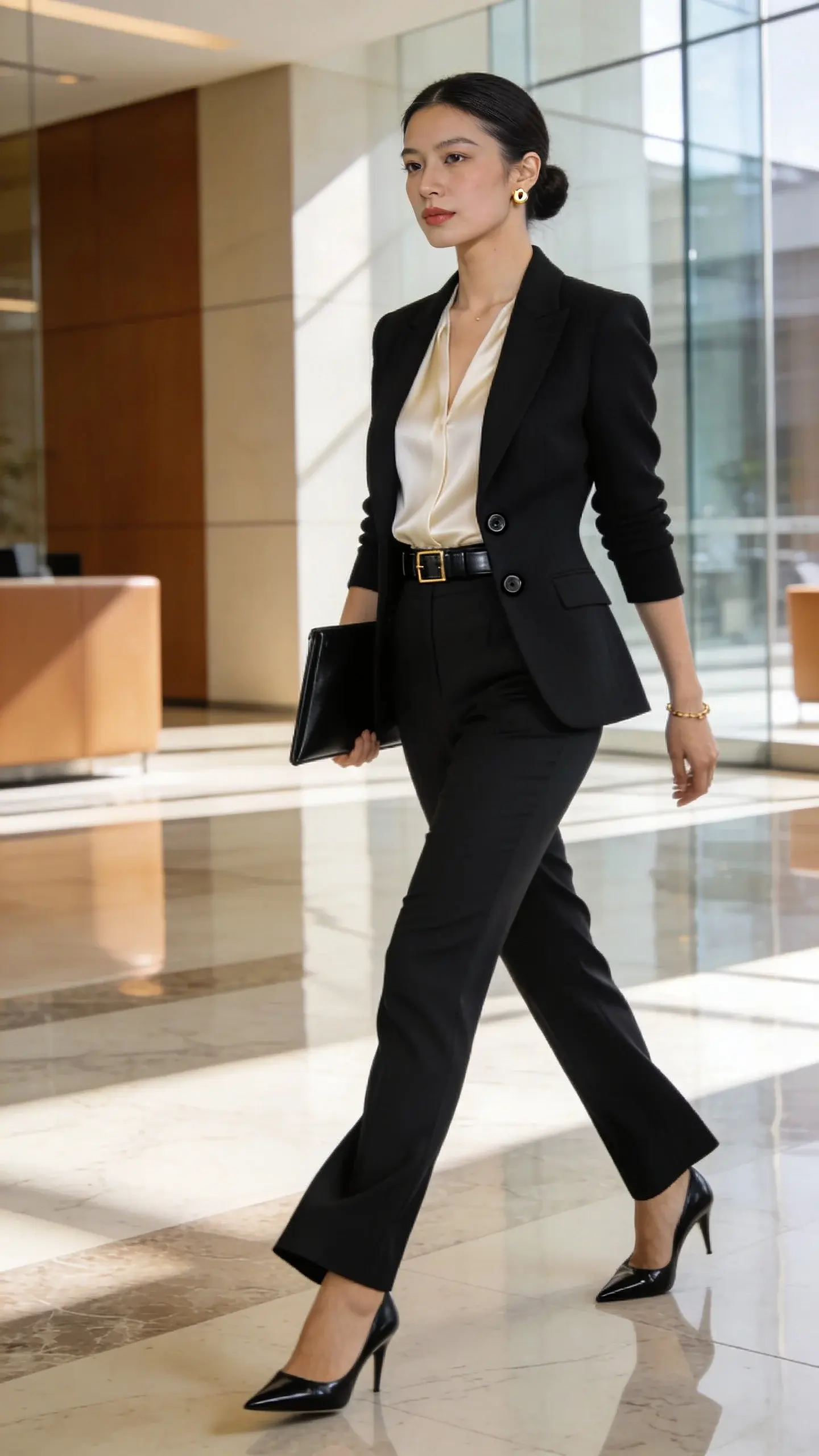 Ultra-realistic fashion editorial photo of an elegant professional woman confidently striding through a sunlit modern office lobby, wearing the main subject: a perfectly structured single-breasted blazer (black) styled in a power-minimalist look. The blazer is buttoned at the narrowest point to define the waist, framing a cream silk blouse with a soft sheen and a subtle drape. She pairs it with tailored cigarette trousers in a matching black tone, and pointed-toe leather pumps in black. Accessories are refined: a slim black leather belt with a minimal gold buckle, small gold stud earrings, and a delicate gold bracelet. Her hair is in a sleek low bun, makeup polished and understated (soft matte skin, neutral eyes, nude lip). She carries a slim black leather portfolio. Lighting is bright and natural with soft reflections off marble floors and glass walls; depth of field slightly shallow to keep focus on textures—matte wool blazer, lustrous silk blouse, polished leather pumps. Color palette: black, cream, and warm neutrals (camel and tan accents in the environment). Composition: three-quarter length, eye level, dynamic stride, subtle motion in trouser hem. Photographed on a full-frame camera with a 50mm lens, crisp detail, no text, no logos, realistic high-end corporate setting.
