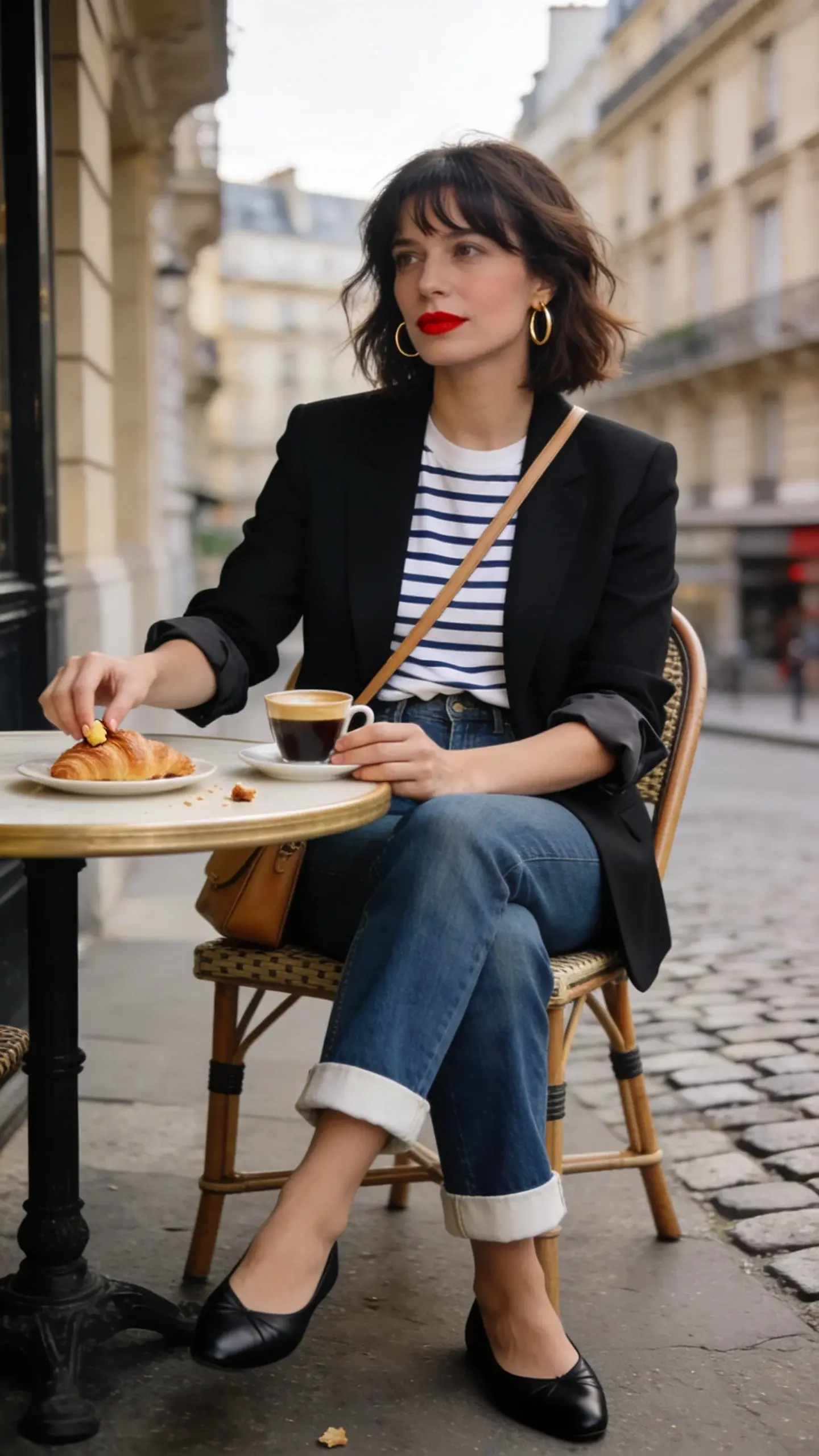 Early-morning Paris street café scene, realistic high-quality photo: an elegant woman in her 30s sits at a small round bistro table with a demitasse of espresso and a plate with croissant crumbs. She wears a structured, tailored black blazer with sleeves casually rolled to reveal the cuff of a classic Breton striped tee (white with navy stripes), the tee half-tucked into mid-rise straight-leg blue jeans with a clean hem. On her feet: black leather ballet flats. Accessories: medium gold hoop earrings, a slim tan leather crossbody bag worn across the body, minimal makeup with fresh skin and a soft red-tinted lip, tousled shoulder-length brunette hair with natural texture and a slight fringe. She has an effortless “I just woke up chic” vibe, gazing slightly off-camera with a relaxed posture, one hand resting on the cup, the other brushing a crumb from the table. Background: soft, shallow depth of field with Haussmann façades, muted morning light, warm neutral tones, and a hint of cobblestone. Styling details: blazer drapes neatly, tee’s hem half-tucked for a relaxed waistline, striped sleeve cuff peeking from rolled blazer sleeves. Shot on a 50mm lens, natural light, editorial street-style composition, no text.