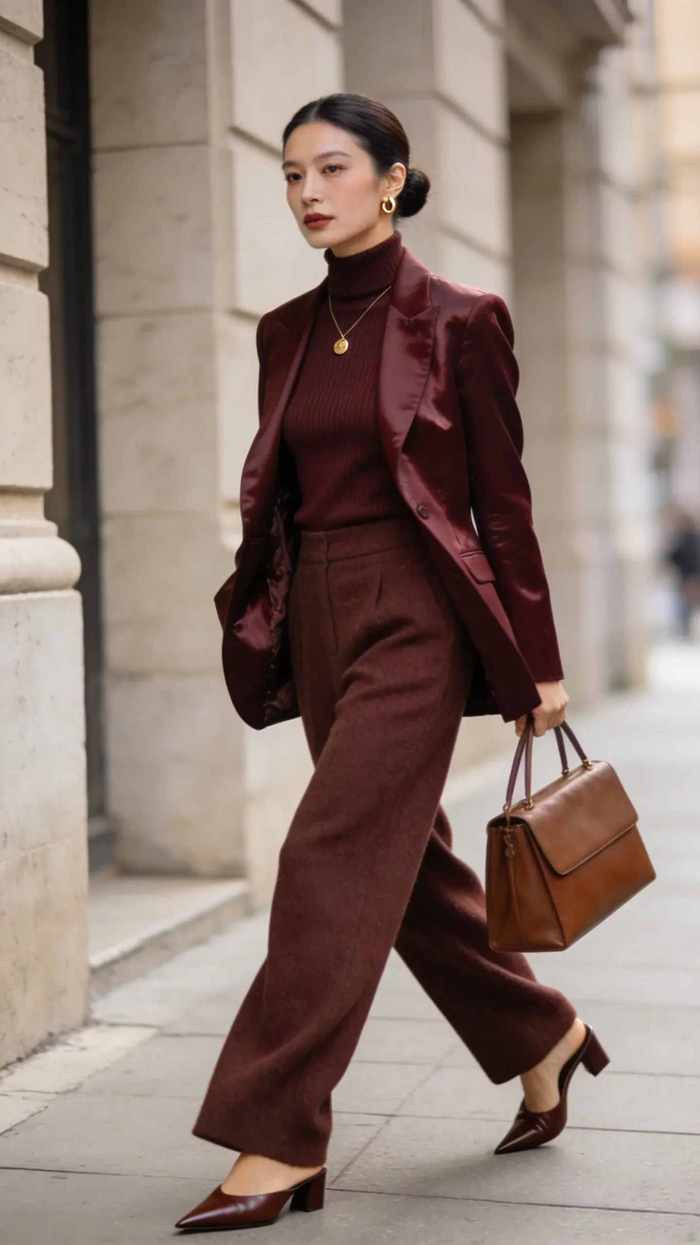 Realistic high-fashion street-style photo of an elegant woman in her 30s wearing a monochrome outfit that looks designer-level: she’s the main subject, standing on a clean city sidewalk near a minimalist stone building with soft morning light. Outfit: a structured, slightly sheeny blazer in deep espresso brown, a fine-gauge matte knit turtleneck shell in the same espresso tone, and high-waisted wide-leg trousers in a tonally matched soft wool. Footwear: pointed leather mules in espresso. Accessories: minimal—thin gold pendant necklace, small gold hoop studs, and a medium-sized structured tote in matching brown. Hair: sleek low bun. Makeup: polished but natural with a soft satin finish. Styling details: textures do the talking—matte knit, plush wool trousers, subtle sheen on the blazer; no logos; clean lines; no belt. Pose: walking mid-step, tote carried in hand, blazer slightly open to reveal the knit shell, confident gaze slightly off-camera. Composition: waist-up to full-length with shallow depth of field; background softly blurred; color palette strictly monochrome espresso and warm neutrals. Lighting: soft, diffused daylight highlighting fabric textures. Ultra-detailed, sharp focus on textiles, lifelike skin tones, editorial quality, no text.