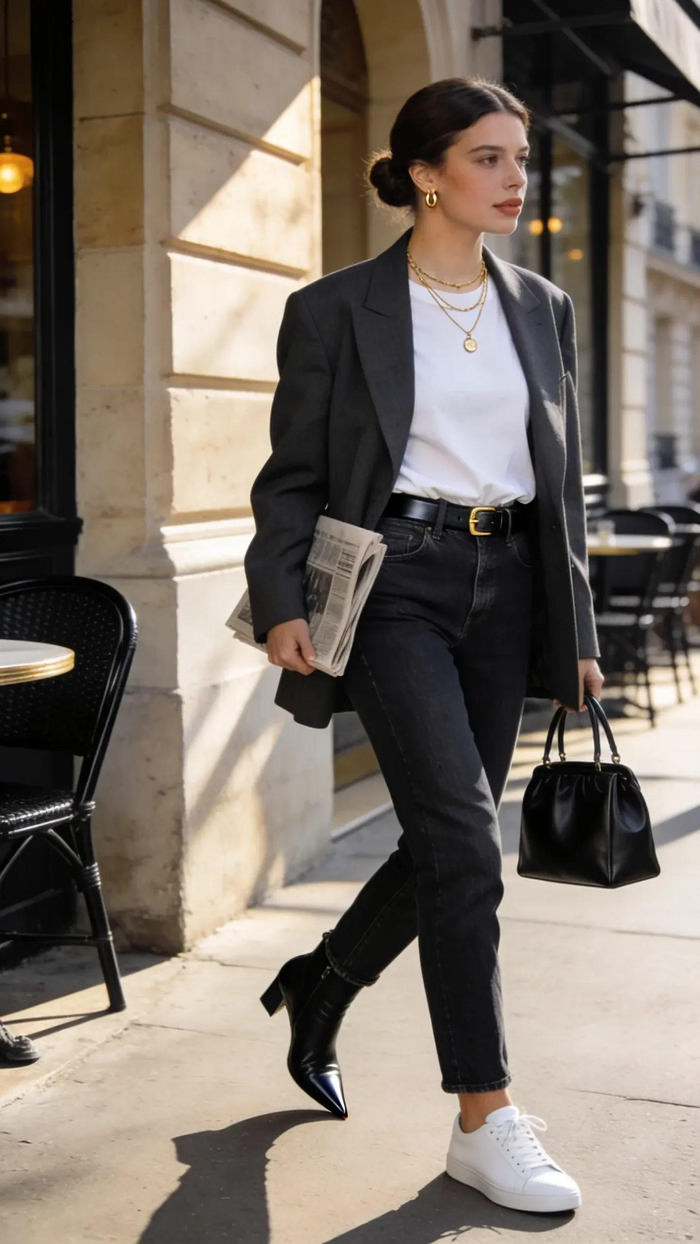 Elegant woman in a structured, slightly oversized charcoal blazer layered over a crisp, heavyweight white crewneck tee, French-tucked into high-rise dark indigo straight-leg jeans; slim black leather belt with a minimal gold buckle visible; footwear alternates shown as sleek black leather ankle boots (subtle pointed toe) for one foot and clean white minimalist leather sneakers for the other, hinting at versatility; delicate layered gold necklaces (two fine chains, one with a tiny pendant) and small gold hoops; hair in a low polished bun with a center part; soft, natural makeup with a satin skin finish and nude lip; she stands mid-stride on a sunlit Parisian-style sidewalk café corner with limestone façades and black bistro chairs, late-morning golden light casting gentle shadows; she casually holds a folded newspaper and a black structured leather top-handle bag; overall palette neutral and refined; photo realism, 50mm lens look, shallow depth of field, editorial street style composition, high dynamic range, ultra-detailed textures of fabric and leather, no text.