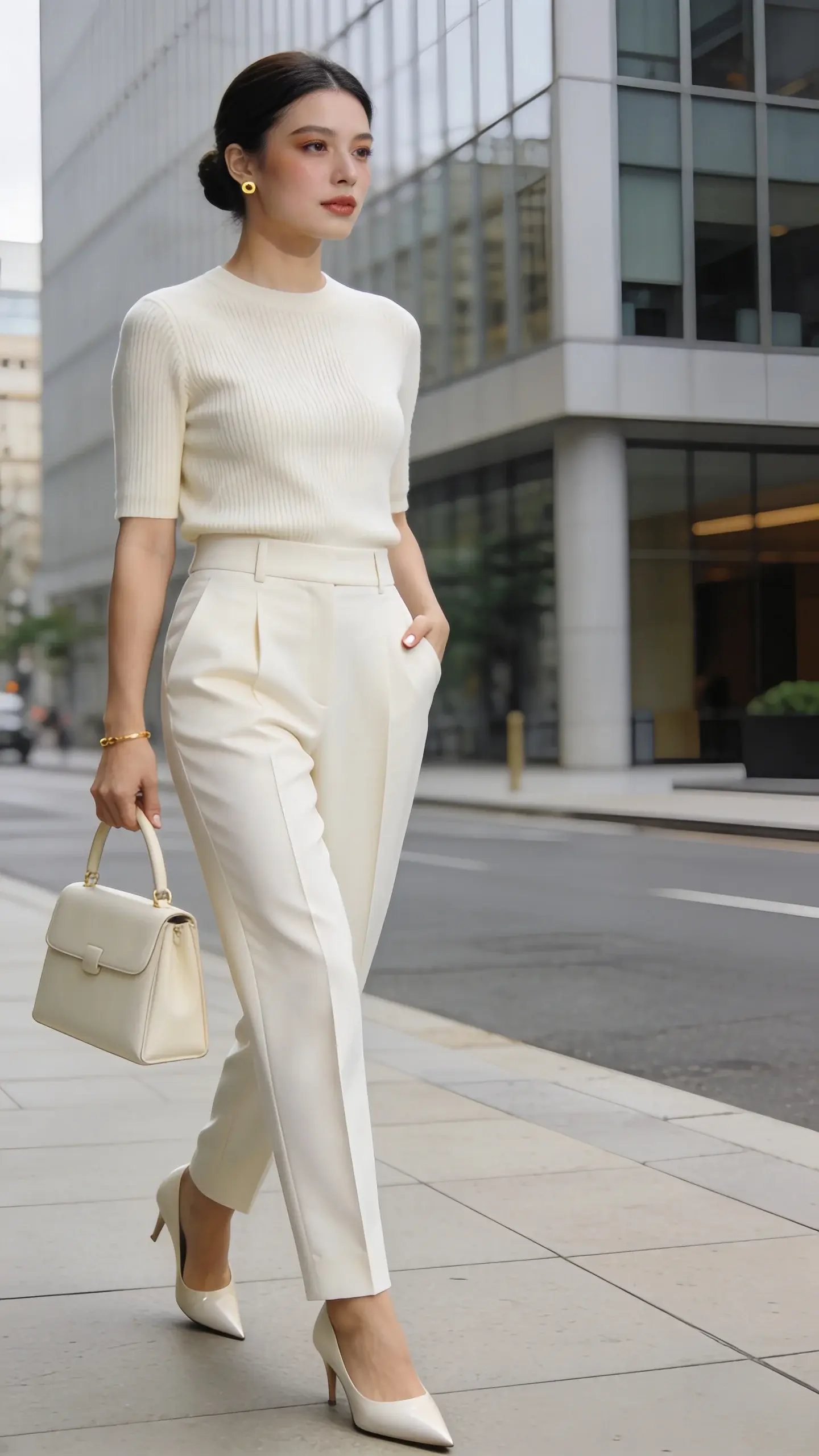 Ultra-realistic street-style photo of an elegant woman embodying “The Monochrome Magic Set” in a sophisticated, head-to-toe cream look that appears designer yet wearable on a weekday. She stands on a polished city sidewalk near a modern office building with soft overcast daylight for flattering, even lighting. Outfit: high-waisted tailored cream trousers with sharp center creases, a fitted cream fine-gauge knit top tucked in, pointed-toe low heels in matching cream leather, and a structured top-handle bag in the same tone. Accessories: minimal gold studs and a thin gold bracelet, no necklace, sleek nude manicure. Styling: clean middle-part low bun, natural glowy makeup with soft brown liner, subtle highlight, and a nude lip. Pose: relaxed mid-stride, one hand holding the top-handle bag, the other lightly in pocket; confident gaze slightly off-camera. Composition: 3/4 body framing, shallow depth of field to softly blur the architectural background and street, crisp detail on fabric textures (matte wool, fine knit, smooth leather), neutral color palette with gentle warm undertones, high dynamic range, realistic skin texture, no text. Photographic style: high-end fashion editorial, 50mm lens look, soft contrast, minimal grain.