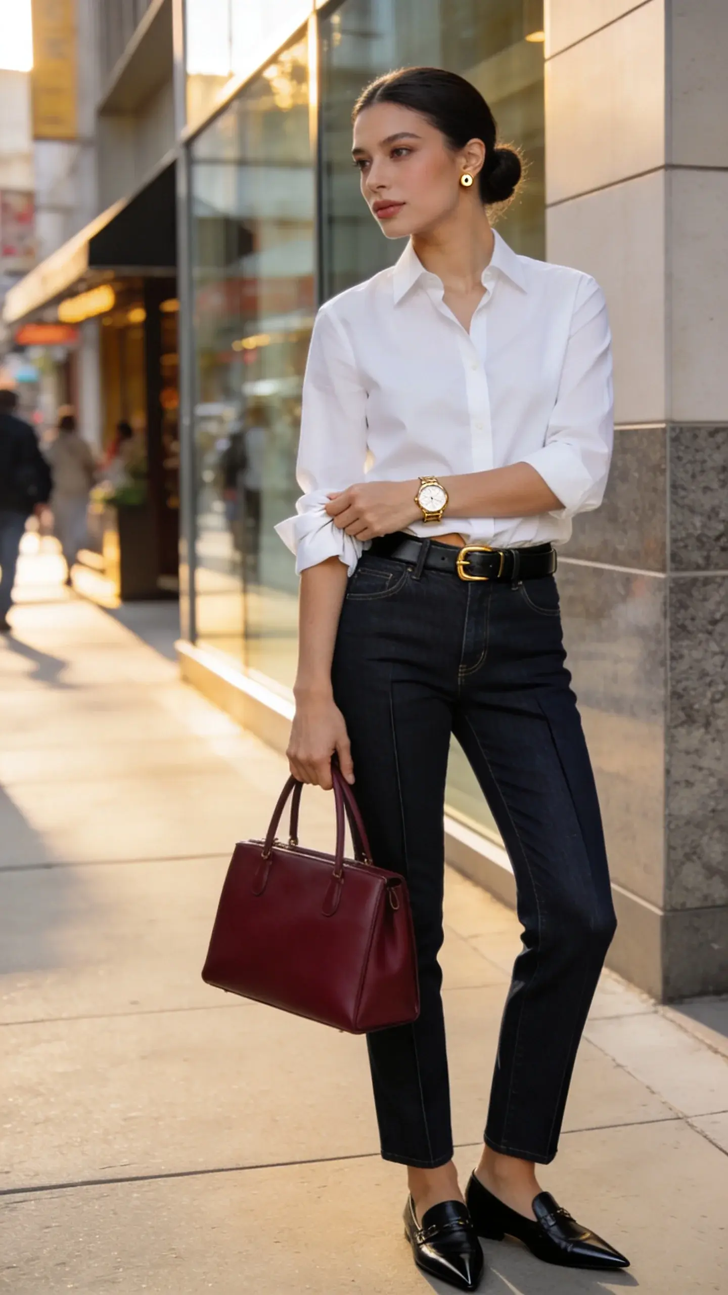 Elegant woman executing the “high-low power mix” in a chic urban setting at golden hour: she wears dark-wash straight-leg jeans with a sharp crease, a crisp white button-down half-tucked, and a slim black leather belt with subtle gold hardware. Footwear: black pointed leather loafers. Accessories: a structured medium-sized top-handle bag in rich burgundy, a polished gold statement watch, and petite gold stud earrings. Hair in a smooth low bun, natural glam makeup with soft liner and nude lips. She stands on a clean city sidewalk near a modern glass-and-stone facade, soft warm sunlight creating gentle highlights and realistic shadows. Composition: three-quarter body shot, slightly low angle for confidence; shallow depth of field to blur background pedestrians and storefronts. Wardrobe textures visible: fine cotton shirting, smooth leather belt and loafers, denim grain. Color palette: dark indigo, crisp white, black, burgundy, subtle gold accents. Photorealistic, high-resolution fashion photography, editorial quality, no text, natural posing with one hand holding the bag and the other adjusting the cuff.