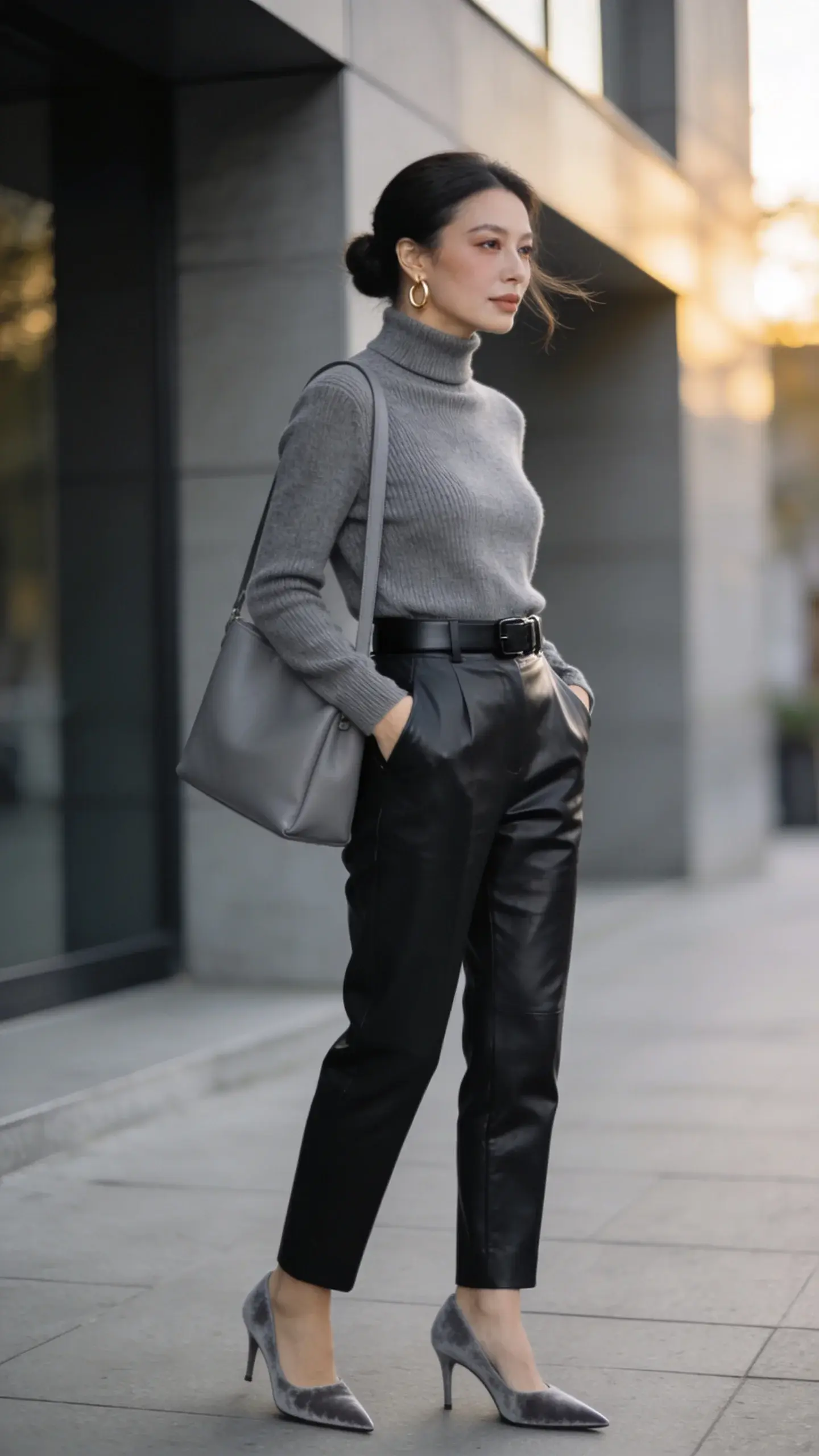 Elegant woman in her late 30s posed street-style outside a modern architectural facade, overcast golden-hour light, wearing a cohesive tonal gray palette: fine-gauge charcoal turtleneck knit tucked into high-waisted black leather tailored trousers with a minimal matte black belt, sleek slate-gray suede pointed-toe pumps, and carrying a soft-structure dove-gray leather shoulder bag; subtle medium gold hoop earrings peek from a smooth low bun, natural luminous makeup with soft taupe eyes and nude lip. The textures are the focus: close-up clarity on the contrast between the smooth supple leather trouser sheen, the delicate rib of the knit, and the velvety nap of the suede heels. Hands-in-pockets stance, relaxed but polished, slight wind movement in a few loose hair strands. Background softly blurred to emphasize the outfit; neutral palette of black, charcoal, and tonal grays. Realistic high-resolution fashion photography, 85mm lens, shallow depth of field, editorial lighting, no text.