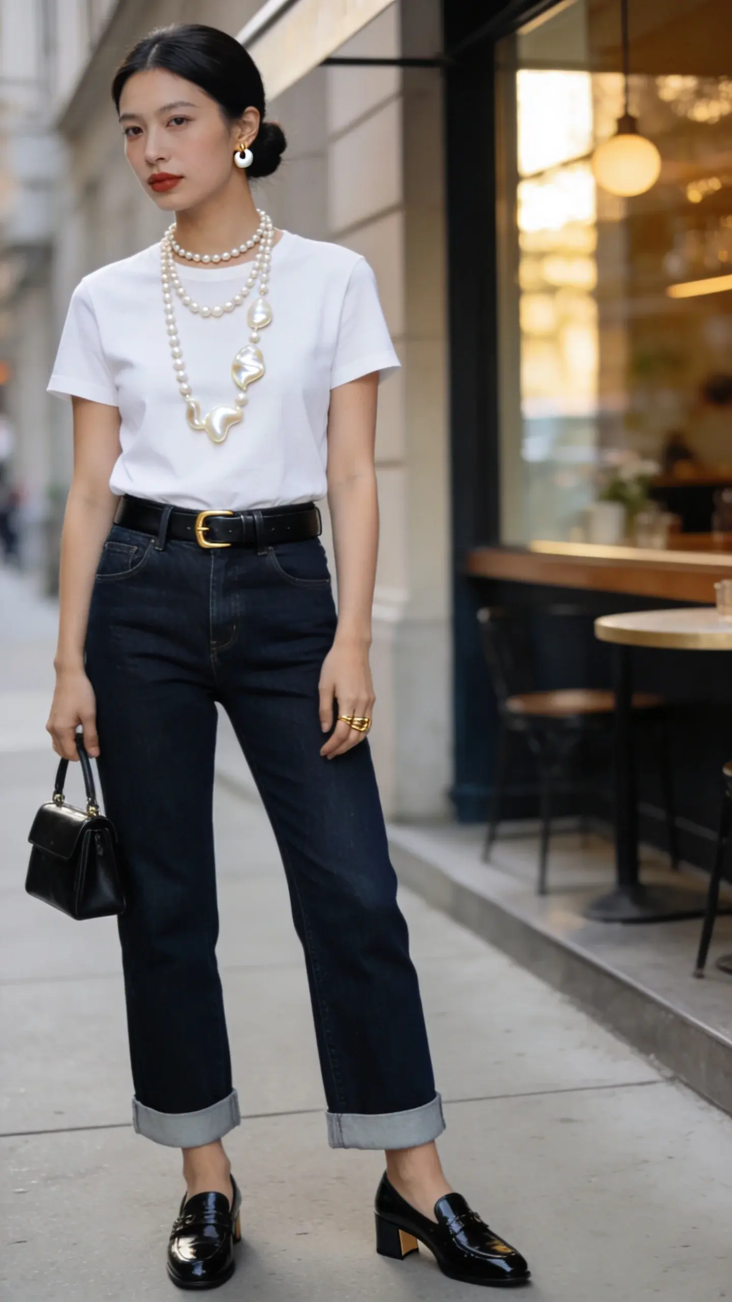 Elegant woman showcasing a “Pearl Power Stack” that elevates a simple outfit: a chic, modern portrait in soft natural window light, 3/4 body, standing on a minimalist city sidewalk near a boutique café. She wears a crisp white crewneck tee tucked into high-waisted, dark indigo straight-leg jeans with a clean hem; slim black leather belt with a subtle gold buckle; glossy black leather loafers with a low heel. Around her neck, layered pearls: a shorter delicate classic strand that kisses the collarbone, and a slightly longer mid-length baroque pearl necklace with organic, irregular shapes that drapes just below; matching petite pearl huggie earrings. Optional fine gold ring and a structured black mini top-handle bag. Hair is a sleek low bun with a soft center part; natural makeup with a satin finish and a muted rose lip. Background softly blurred for depth of field, capturing a refined, editorial street-style vibe. Color palette: white, deep indigo, black, warm gold accents, luminous ivory pearls. Shot on a full-frame camera at golden hour for a polished, high-fashion yet approachable look, no text.