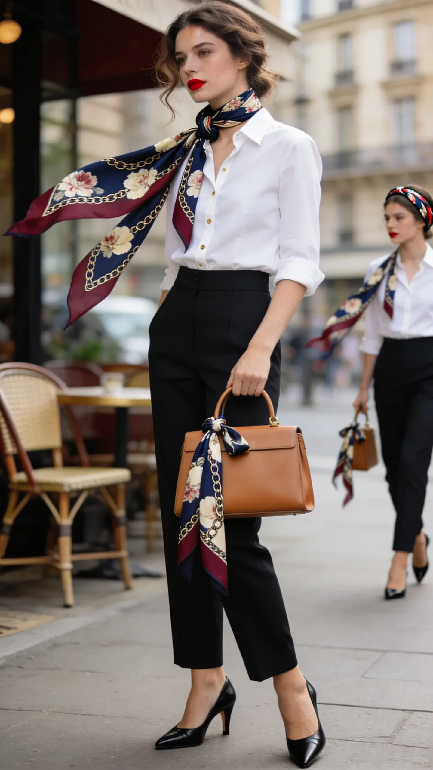 Elegant French-inspired street style portrait of an elegant woman showcasing silk scarf alchemy: she wears a crisp white button-down tucked into high-waisted black straight-leg trousers, a printed silk scarf (vintage floral with chain detail in navy, cream, and burgundy) folded into a narrow band and knotted at the side of her neck, paired with black leather slingback heels and a structured tan top-handle bag. Hair is softly waved with a few tendrils, dewy minimal makeup with a classic red lip. Secondary styling variations subtly visible: the same scarf tied to the bag handle, and another take with the scarf styled as a headband in a second frame blur in the background. Natural movement in the scarf tails. Parisian street backdrop with soft morning light, café chairs and Haussmann architecture bokeh. Realistic high-resolution fashion photography, shallow depth of field, 50mm lens look, soft shadows, true-to-life textures of silk, cotton, and leather, editorial yet candid vibe, no text.