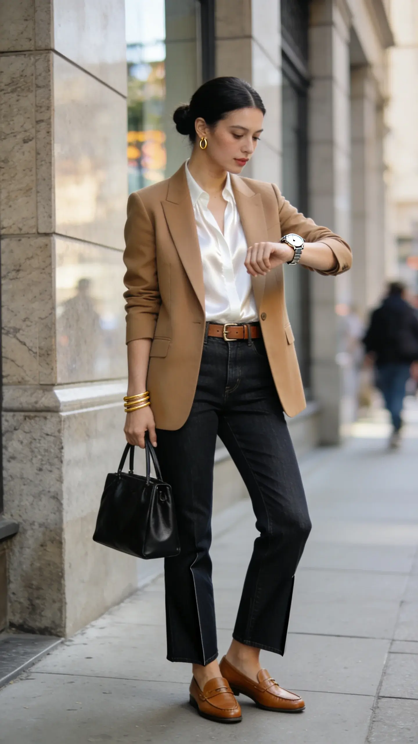 Realistic fashion street-style photo of an elegant woman showcasing “The Luxe Watch + Bangle Stack That Means Business.” She stands on a city sidewalk near a polished stone building in soft afternoon light. Outfit: tailored camel blazer layered over a crisp white silk blouse, dark indigo straight-leg denim with a sharp crease, and tan leather penny loafers. Accessories: classic stainless-steel watch with a minimalist white dial worn slightly loose so it skims the wrist bone, stacked with two thin yellow-gold bangles on the same wrist; small gold hoop earrings; slim leather belt matching the loafers; structured black leather tote held in the opposite hand. Hair: sleek low bun; makeup: natural, soft matte skin with nude lips. Pose: mid-step, glancing at the watch as if checking time, exuding polished, purposeful energy. Background details: subtle motion blur of pedestrians, neutral stone facade, faint reflections in nearby windows. Lighting: bright but diffused natural light for soft shadows, high-resolution, editorial fashion photography style, shallow depth of field, 50mm lens perspective, no text.
