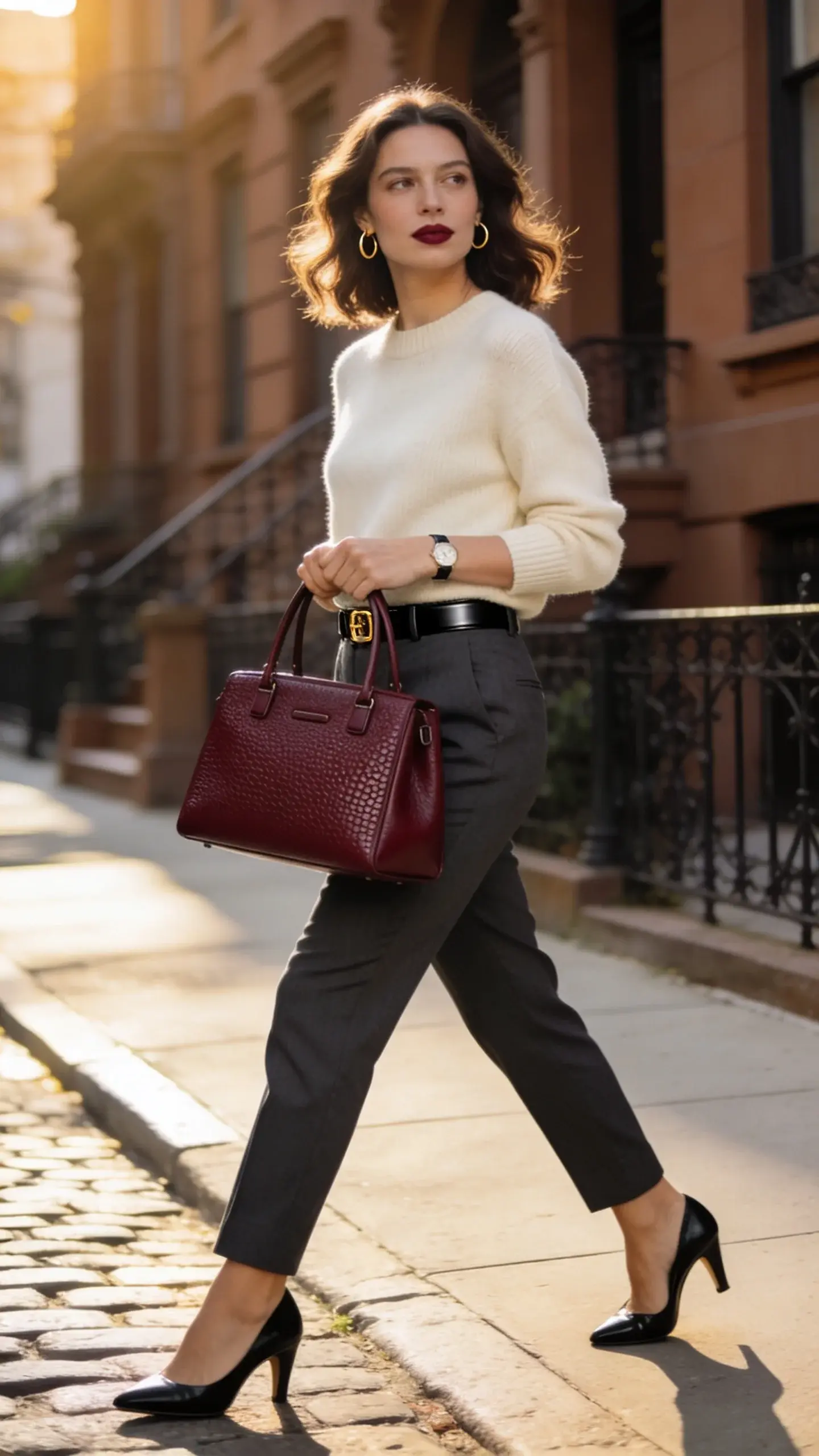 Realistic street-style fashion photo of an elegant woman carrying a structured top-handle bag that instantly says “old-money, new mood.” She walks along a sunlit, cobblestone sidewalk in an upscale city neighborhood with classic brownstone facades and wrought-iron railings. Outfit: soft cream crewneck cashmere sweater neatly tucked into high-waisted, cropped, tailored trousers in charcoal; thin black leather belt with a subtle gold buckle; black leather slingback pumps with a modest heel. Main subject accessory: a medium-sized, structured top-handle bag in oxblood pebble-grain leather with clean lines, subtle hardware, and a rigid shape, carried in the crook of her arm. Additional styling details: delicate gold hoop earrings, a slim watch, minimal makeup with a muted berry lip, and a softly waved, shoulder-length hairstyle. She’s mid-stride, posture confident, glancing slightly to the side; golden-hour lighting adds a warm glow and gentle shadows that highlight the bag’s texture and structure. Depth of field: shallow, with the subject sharply in focus and background softly blurred. Shot on a full-frame camera with a 50mm lens; color palette of creams, charcoals, oxblood, and black for refined contrast. No text, hyper-realistic, high-resolution editorial fashion photography.