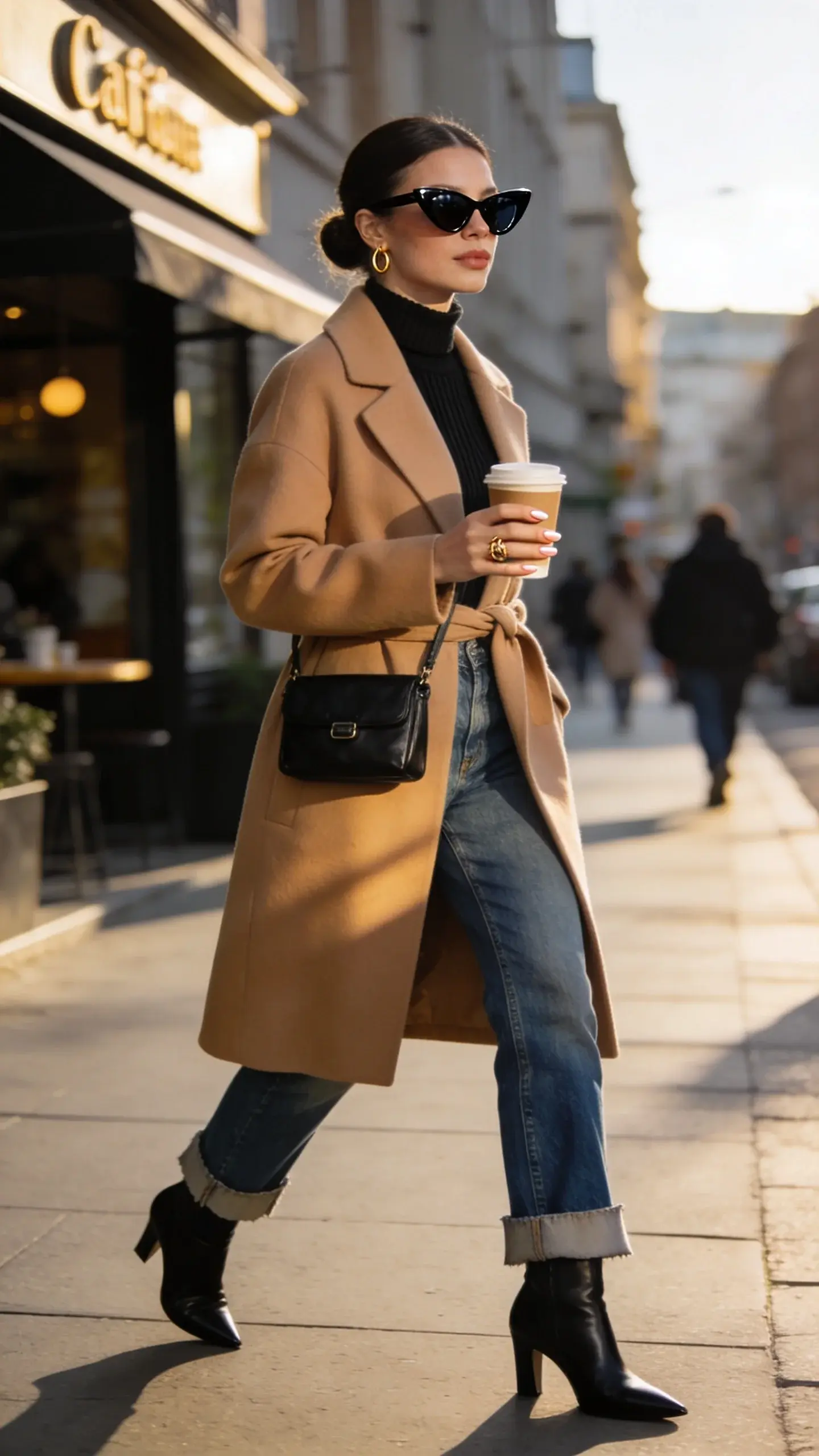 Realistic street-style portrait of an elegant woman wearing attitude-forward sunglasses that act like eye makeup: she stands on a sunlit city sidewalk against minimalist architecture, mid-stride with a takeaway latte. She wears a camel longline wool coat softly belted over a black ribbed turtleneck, straight-leg vintage-wash jeans with a sharp hem, and sleek black leather heeled ankle boots. Her sunglasses are bold glossy black cat-eyes with dark lenses that subtly lift the face; small gold hoop earrings peek through a neat low bun. Accessories include a slim black leather crossbody with minimal hardware and a delicate gold ring. Makeup is clean and polished with soft matte skin and a neutral lip; nails are short and nude. The overall palette is camel, black, denim blue, and gold. Styling feels modern and sharp, with crisp tailoring and effortless confidence. Late afternoon golden hour creates flattering highlights and gentle shadow on cheekbones; background features blurred pedestrians and a chic café frontage. Shot on a full-frame camera with a 50mm lens, shallow depth of field, high-resolution, natural light, editorial fashion photography, cinematic tone, no text.
