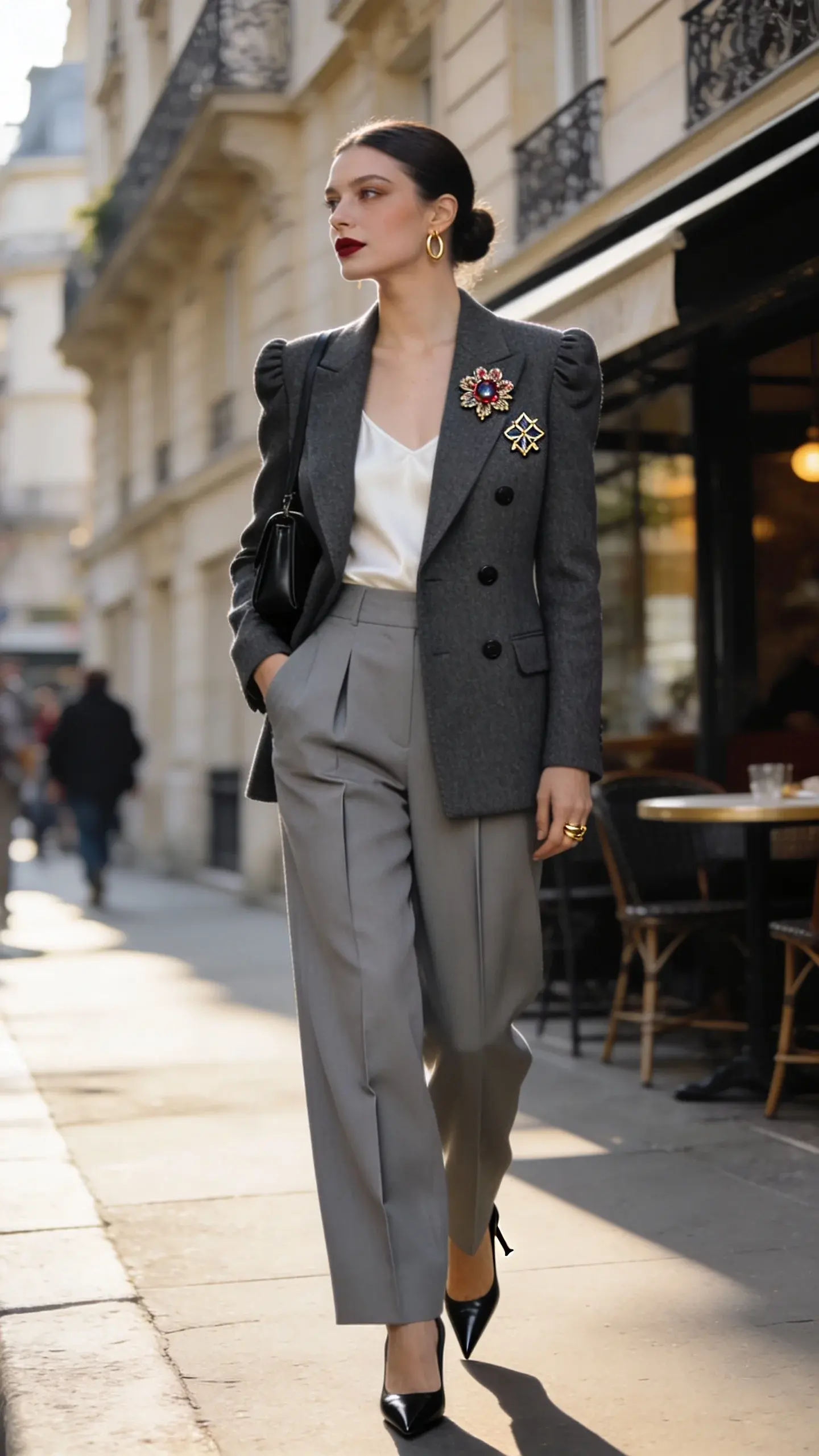 Realistic high-fashion street-style photo of an elegant woman showcasing a brooch revival on a blazer. She stands on a sunlit Parisian sidewalk near a café, captured mid-step. Outfit: charcoal tailored double-breasted blazer in fine wool with subtly padded shoulders; left lapel adorned with a vintage-inspired gemstone floral brooch positioned slightly above the heart, plus a second smaller geometric brooch clustered nearby for a couture effect. Underneath: ivory silk camisole. Bottoms: high-waisted, wide-leg trousers in soft dove gray with sharp front creases. Shoes: black leather pointed-toe pumps with a modest stiletto heel. Accessories: compact black leather shoulder bag with a short strap tucked under her arm, delicate gold hoop earrings, simple gold ring. Hair: sleek low chignon. Makeup: luminous skin, soft taupe eyes, classic berry lip. Pose: relaxed confidence, one hand in pocket, chin slightly lifted, eyes to the side. Lighting: golden-hour natural light, soft shadows. Background: cream stone façades, wrought-iron balconies, blurred pedestrians and café tables; shallow depth of field for subject emphasis. Color palette: neutral grays, black, ivory, subtle gemstone sparkle. Photographic style: editorial, 50mm lens, high-resolution, crisp textures, no text.