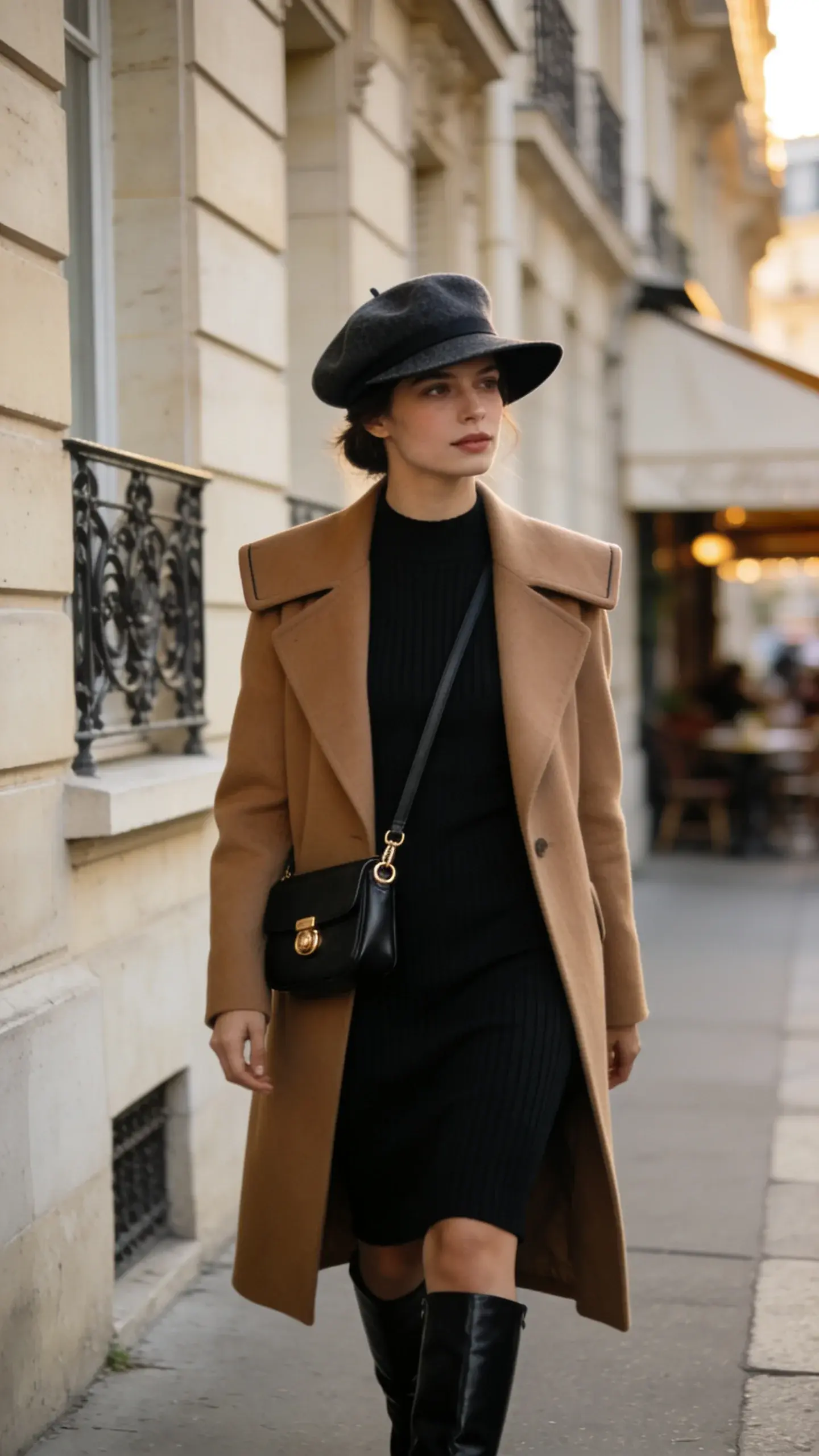 Elegant woman wearing a chic hat that fixes hair and elevates everything, walking along a Parisian sidewalk in soft late-afternoon light. She wears a camel long wool coat with structured shoulders over a black slim ribbed knit midi dress, paired with black knee-high leather boots and a minimal black leather crossbody bag with gold hardware. Her hat is a dark felt fedora with a medium-wide brim that flatters the coat’s lapels, styled to sit confidently forward; a second shot variation would be a charcoal wool beret tilted slightly to one side. Her hair is softly tucked, solving a subtle bad-hair-day texture, with natural makeup and a confident gaze. Background features cream stone facades, wrought-iron balconies, and a blurred café awning; shallow depth of field, cinematic composition, natural color grading, realistic textures on wool and felt, high-resolution fashion editorial photography, 50mm lens, soft directional lighting, no text.