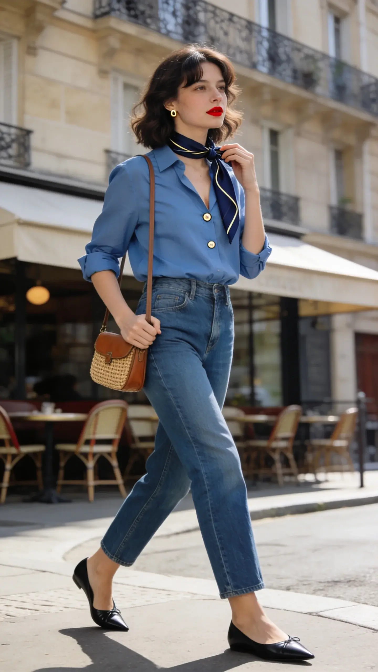 Realistic street-style photo of an elegant woman wearing one pair of high-rise, ankle-length blue jeans styled French-girl nonchalant: a crisp cotton poplin button-down in powder blue, top two buttons undone with sleeves cuffed to mid-forearm, fully tucked with a slight blouse at the waist. She pairs them with pointed black leather ballet flats and a small woven leather crossbody worn on the shoulder. A slim silk scarf in navy with subtle cream piping is tied loosely at the neck, and she wears minimal gold stud earrings. Optional bold detail: a classic red lip, otherwise fresh, minimal makeup and natural, softly waved shoulder-length brunette hair with a center part. She’s mid-stride on a sunlit Parisian street corner near a café terrace with bistro chairs and soft morning light, shallow depth of field, neutral stone façades and wrought-iron balconies in the background. She casually adjusts the scarf with one hand while the other holds the crossbody strap, posture relaxed and effortless. Photography style: high-resolution editorial fashion shot, 50mm lens feel, soft natural light, true-to-life colors, fine fabric texture visible, no text on image.