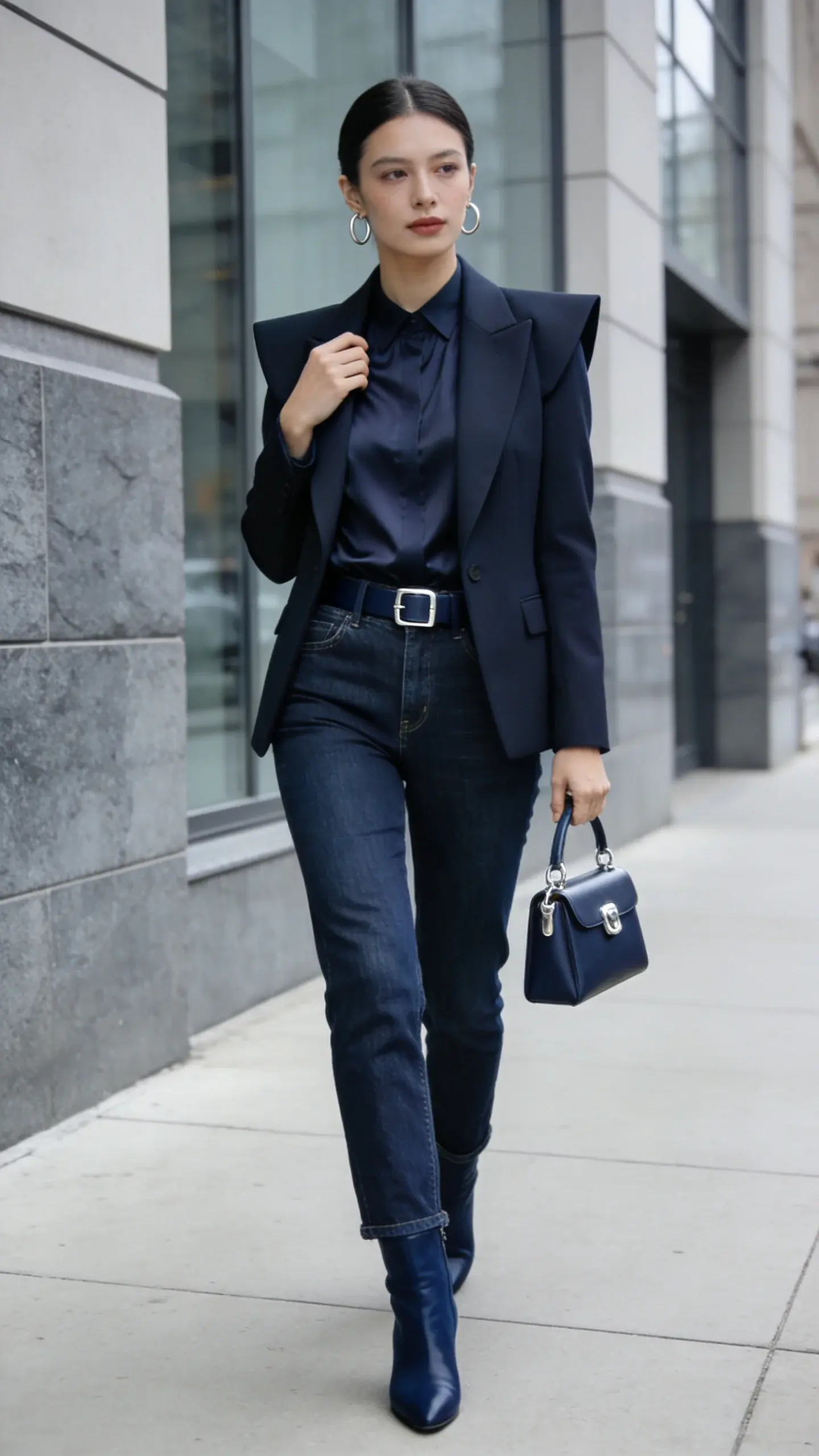 Ultra-realistic street-style photo of an elegant woman in a monochrome denim look, captured in soft overcast daylight outside a modern city building with slate-gray stone and glass. She wears dark indigo straight-leg jeans tailored to lightly graze the top of sleek navy ankle boots with a matte finish, a navy fine-gauge silk blouse tucked cleanly, and a structured navy blazer with sharp shoulders. Accessories are minimal and consistent: polished silver hoops, a slim navy belt with a subtle silver buckle, and no visible logos. Her hair is smooth and tucked behind the ears, natural makeup with a soft matte complexion. Emphasis on tonal depth—navy and indigo layers with matte textures—creating an elevated, expensive feel. She stands mid-stride on a clean sidewalk, one hand adjusting the blazer lapel, the other holding a small navy top-handle bag with silver hardware. Shallow depth of field, crisp detail on fabrics and stitching, neutral color grading, editorial fashion photography, 50mm lens, f/2.8, high resolution, no text.