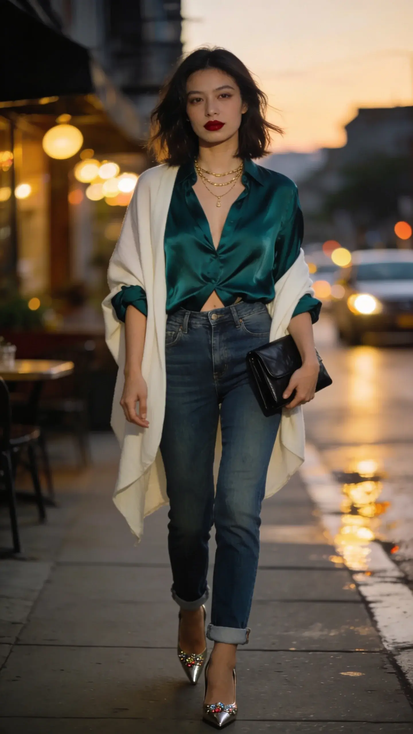 Evening street scene featuring an elegant woman as the main subject wearing a single pair of slim-straight medium-wash jeans styled for date night: she pairs them with a fluid, jewel-toned silk blouse in deep emerald, half-tucked at the front to break up proportions, and metallic statement heels with subtle embellishment. She carries a sleek black leather clutch tucked under one arm, delicate layered gold necklaces at the collarbone, and a soft ivory shawl draped loosely over her shoulders. Jeans have a slight rolled hem to showcase the heels; blouse sleeves casually pushed to mid-forearm. Makeup is fresh with one focus—a bold garnet-red lip; eyes softly defined, not smokey. Hair is smooth and slightly tousled, shoulder-length. Background is a softly blurred city sidewalk at dusk with warm bokeh from cafe lights and passing cars; subtle reflections on damp pavement. Lighting: golden-hour meets early night, soft directional light flattering silk sheen and denim texture. Realistic, high-resolution fashion photography, 50mm lens look, shallow depth of field, editorial street style vibe, no text.