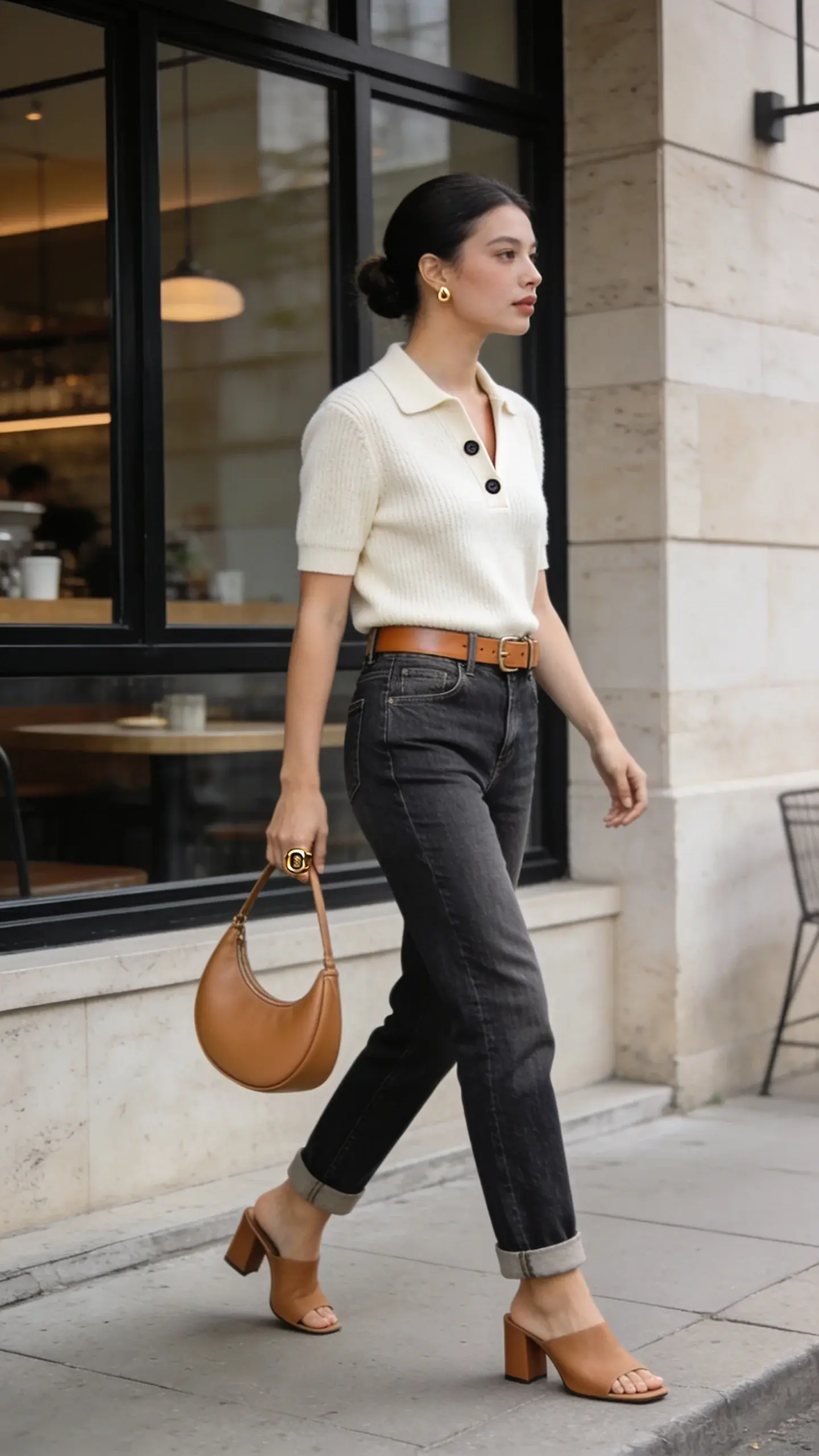 Elegant woman in straight-leg medium-wash jeans and a short-sleeve knit polo in soft cream, two top buttons open to form a subtle V, styled with a thin tan leather belt, tan block-heel mules, and a structured tan crescent bag carried in-hand; minimal jewelry: a gold signet ring and sleek gold stud earrings. Jeans are slightly cropped to skim the ankle, clean single cuff optional look, polished hair in a low, smooth bun, natural glowy makeup. Set in soft morning light on a minimalist city sidewalk outside a modern café with limestone walls and black-framed windows; neutral palette and shallow depth of field, full-body candid walking shot, editorial street-style photography, high-resolution, realistic textures and fabric detail.