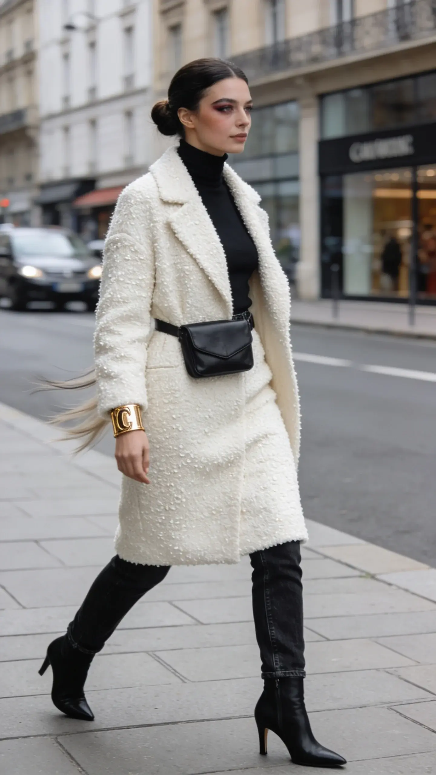 Elegant woman in her 30s wearing the same slim black-wash straight-leg jeans styled with a fitted black turtleneck, layered under a luxurious mid-thigh textured coat in cream bouclé; she pairs the look with sleek black heeled ankle boots, a minimal black leather crossbody worn high on the hip, and a single bold gold cuff bracelet as her statement accessory. The silhouette under the coat is slim and streamlined, emphasizing clean lines. Urban city-chic setting on a cool overcast day: she’s striding across a wide Parisian-style sidewalk with blurred traffic and modern storefronts in the background, soft natural daylight, shallow depth of field. Subtle wind movement in the coat texture, refined makeup with a soft smoky eye, hair in a low polished bun. Realistic high-resolution fashion photography, 50mm lens look, editorial street style, crisp details on bouclé texture, no text.