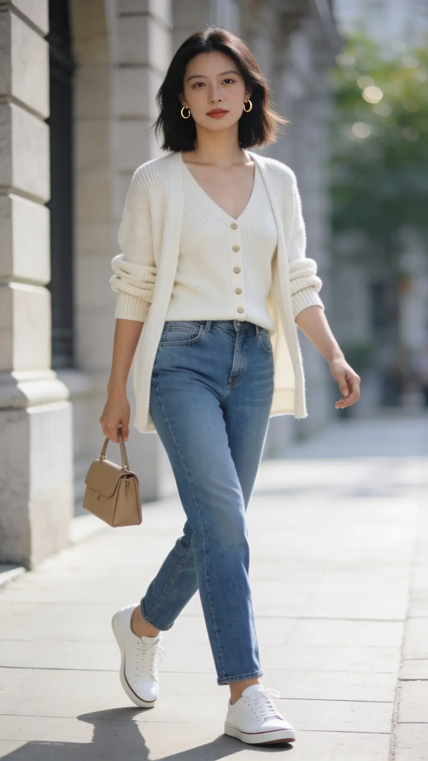 Realistic street-style photo of an elegant woman wearing one pair of classic mid-rise straight-leg blue jeans styled for an “Elevated Weekend” look: a matching knit cardigan set in soft cream (fine-gauge shell tucked neatly into the jeans, matching cardigan worn open with sleeves pushed to the elbow), pristine white leather low-top sneakers, small gold huggie hoop earrings, and a minimal structured mini tote in taupe. She’s mid-stride on a clean, sunlit city sidewalk with neutral stone buildings and soft greenery bokeh in the background. Hair is smooth and shoulder-length, natural makeup with a subtle glow. The jeans fit slim through the hip with a straight leg grazing the ankle; beltless, clean lines. The cardigan has delicate ribbing and tonal buttons, softly draped. Sneakers are spotless with crisp edges. Color palette: cream, sand, soft gray accents, classic blue denim, white. Soft morning light, shallow depth of field, editorial fashion photography, 50mm lens look, high-resolution, natural textures, no text.