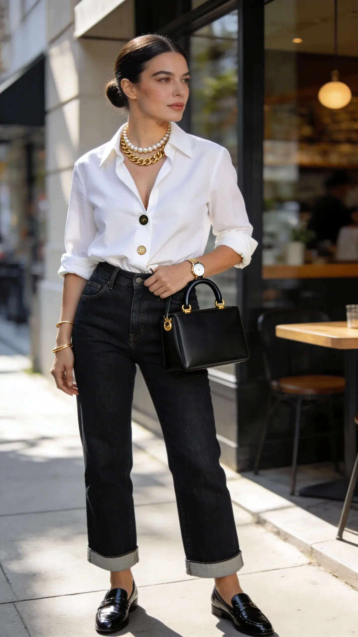 Realistic high-fashion street-style photo of an elegant woman in her late 30s standing on a sunlit city sidewalk outside a contemporary cafe. She wears a crisp white cotton poplin button-down with two top buttons undone and the collar subtly popped, sleeves rolled to the elbow. The shirt is French-tucked into high-waisted dark indigo straight-leg denim with a clean hem. Around her neck: a layered mix of a short chunky gold chain and a strand of medium pearls, styled to sit just at the collarbone. On her wrist: a slim minimalist gold watch; on the other wrist: a sleek cuff bracelet. Footwear: black leather loafers with a subtle gloss. She carries a structured, boxy shoulder bag in black with a short top handle and gold hardware, resting at her hip. Hair is a smooth low bun with a center part; makeup is natural with soft matte skin, defined brows, and a nude lip. Lighting is bright natural daylight with gentle shadows; background softly blurred to emphasize the outfit’s textures—crisp shirt, polished leather, lustrous jewelry. Composition is three-quarter length, slight angle from eye level, capturing confident posture and refined details. Ultra-realistic, high resolution, shallow depth of field, editorial fashion photography.