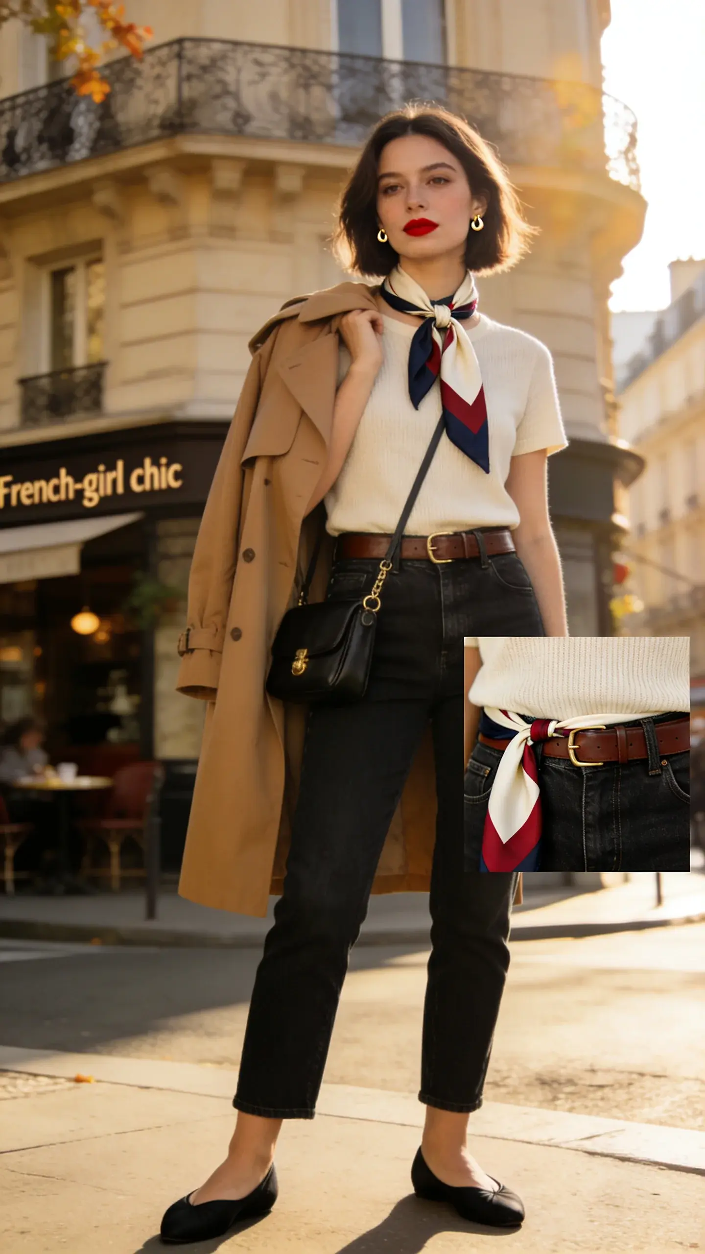 Realistic street-style photo of an elegant woman embodying “French-girl chic” in early autumn Paris. She wears a neutral cream knit tee tucked into high-waisted straight-leg dark-wash jeans with a slim leather belt. A camel trench coat is draped over her shoulders, and she has classic black ballet flats. The focal point is a silk square scarf in a refined palette (ivory, navy, and poppy red) tied in a loose side knot at her neck, subtly framing her face; a second shot detail shows the same scarf option threaded through belt loops as a belt. She carries a small black leather crossbody with gold hardware and wears tiny gold stud earrings. Natural makeup with a satin red lip, soft winged liner, effortless bob hairstyle. Setting: sunlit Haussmannian street with cream stone facades, wrought-iron balconies, and a corner café blurred in the background. Lighting: golden-hour soft backlight creating gentle highlights on silk and trench fabric; shallow depth of field; high-resolution editorial fashion photography, full-body portrait with a secondary close-up inset on scarf knot and belt styling; no text, no logos, realistic textures and color accuracy.