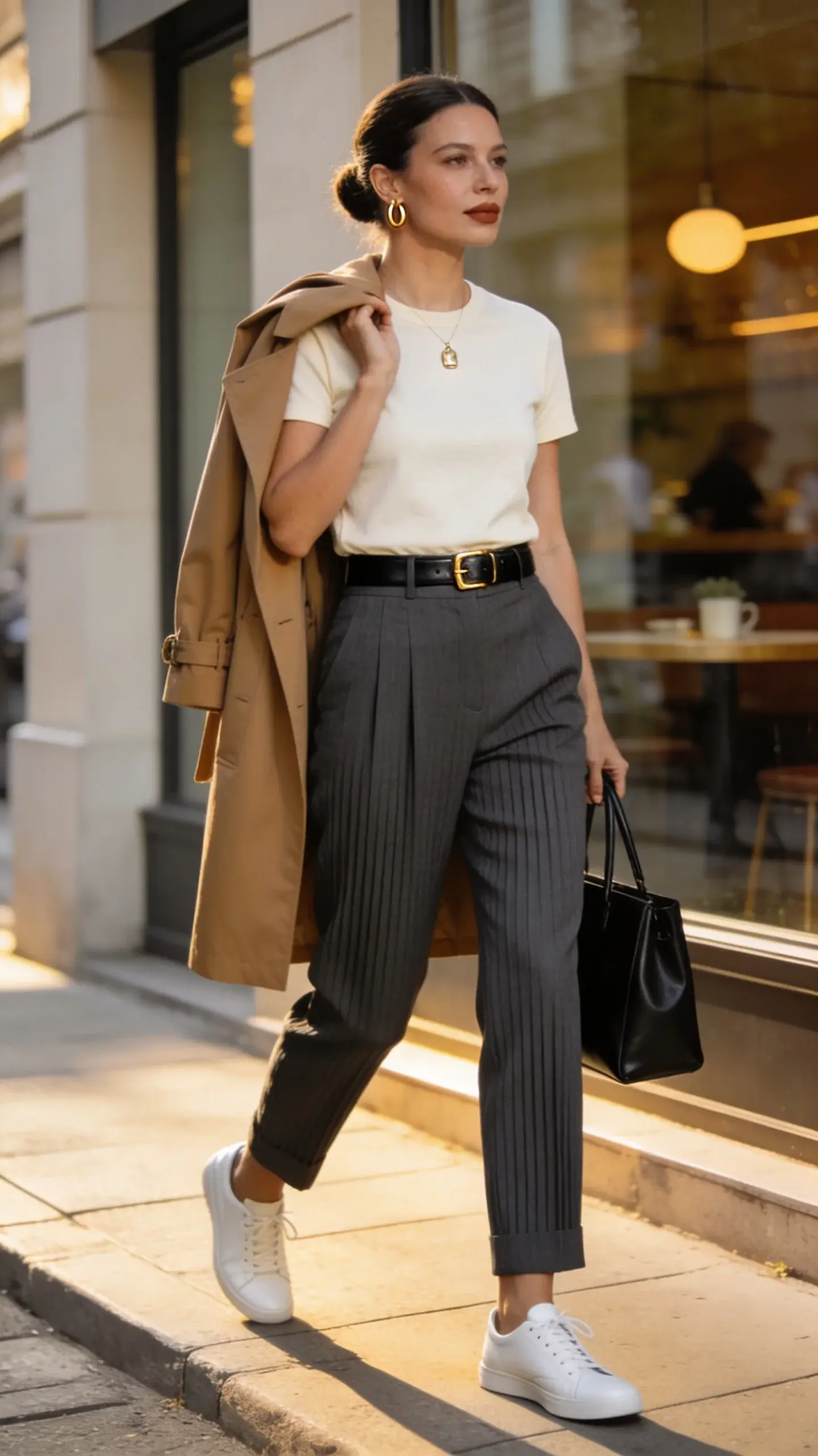 Elegant woman in her late 30s standing on a chic city sidewalk near a minimalist café, wearing tailored high-waisted pleated trousers in charcoal that skim the top of sleek white leather sneakers, paired with a perfectly steamed, tucked-in cream crewneck tee that shows a slim black leather belt with a subtle gold buckle. She layers a camel trench draped over her shoulders, carries a structured minimalist black leather tote in one hand, and wears small gold huggie hoops with a delicate gold pendant. Natural makeup with a soft matte lip, smooth low bun. She poses mid-stride, confident and modern, golden late-afternoon light, shallow depth of field, crisp textures visible in the wool trousers and cotton tee. Background features soft bokeh of neutral-toned architecture and a café window reflection, editorial street-style photography, 50mm lens look, high-resolution, realistic color grading, no text.