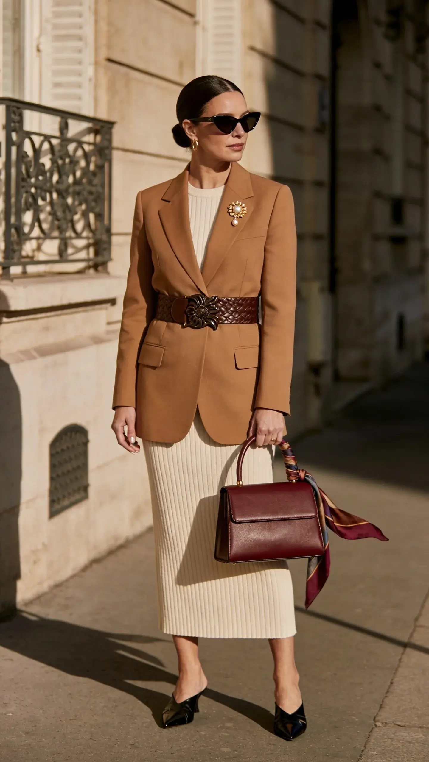 Elegant woman in her late 30s standing on a Parisian sidewalk at golden hour, styled to showcase an accessory glow-up. She wears a tailored camel blazer over a cream ribbed knit dress, with a vintage-style pearl-and-gold brooch pinned high on the blazer’s lapel. A textured chocolate leather statement belt with a sculptural buckle cinches her waist. She carries a structured top-handle handbag in deep oxblood, its handle wrapped with a thin silk scarf in muted jewel tones; the scarf’s tails flutter slightly. Her sunglasses are classic black cat-eye, hair in a sleek low chignon. On her feet: polished black leather pointed mules with a subtle sheen. Additional details: delicate gold hoop earrings, clean nude manicure. The setting features soft, directional sunlight casting refined shadows on limestone building facades and a wrought-iron balcony in the background. The color palette is rich and warm—camel, cream, oxblood, chocolate, black, gold accents. Photorealistic, high-resolution fashion street style photography, shallow depth of field, editorial composition focused on the accessories (brooch, belt, bag with scarf, sunglasses, shoes), no text, natural skin texture, impeccable tailoring, elegant, modern.