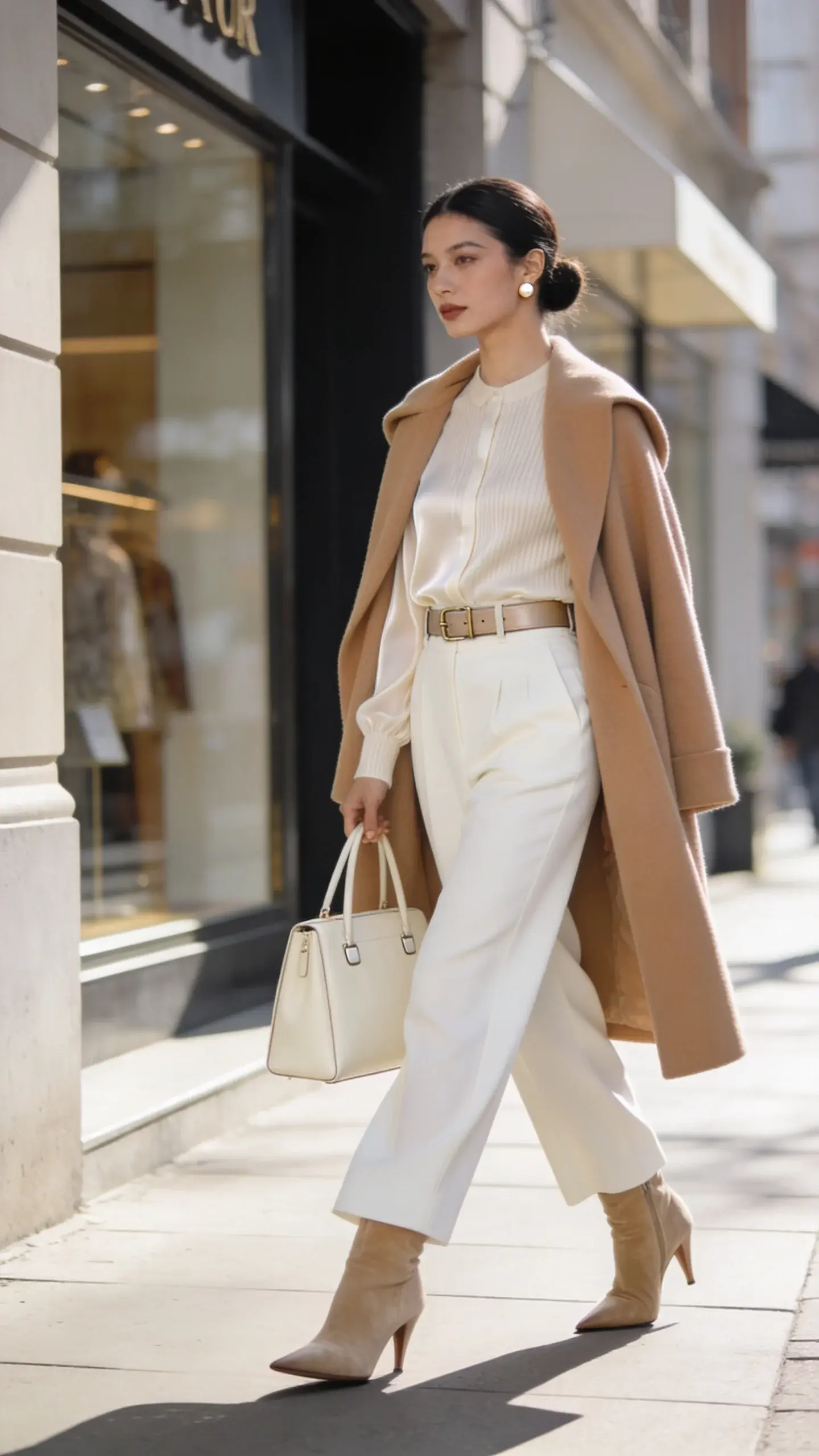 Elegant woman in a monochrome ensemble walking along a sunlit city sidewalk, captured in a realistic, high-fashion street style photograph. She wears a cream-to-ivory palette: a fine silk knit blouse tucked into tailored high-waisted ivory wide-leg trousers, layered with a softly structured long camel-toned wool coat draped over her shoulders. Textural contrast adds depth—silk top, wool coat, and suede pointed-toe heeled boots in a slightly deeper beige. A slim, understated leather belt in light taupe cinches the waist; small pearl stud earrings catch the light. She carries a structured leather tote in matching cream, minimal hardware. Makeup is fresh and polished, hair in a sleek low bun. Background features blurred upscale storefronts and soft morning light, with natural shadows and realistic fabric movement. Shot on a 50mm lens at eye level for a clean, editorial feel; high-resolution, neutral color grading that emphasizes the tonal harmony and luxe textures; no text, no logos.