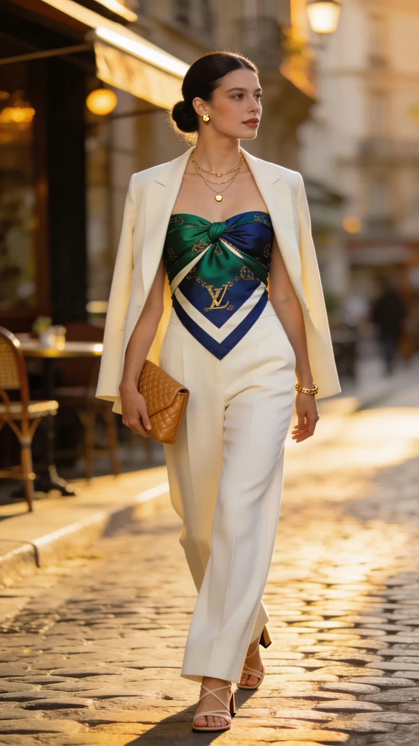 Realistic high‑fashion street style photo of an elegant woman in her 30s confidently walking in a sunlit European city street (cobblestones, chic cafes, soft golden hour light). She wears a large square silk scarf transformed into a bustier-style top: scarf folded into a triangle, wrapped around the bust and neatly knotted at the back, secured and smooth, in rich jewel tones (emerald, sapphire, and ivory accents) with a subtle luxury print. Paired with high-waisted tailored wide-leg ivory trousers that elongate the legs, and minimalist nude strappy sandals with a low kitten heel. A softly structured cream blazer is draped over her shoulders for polish. Accessories: delicate layered gold necklaces, small gold stud earrings, slim gold bracelet, and a textured leather clutch in tan. Hair is sleek in a low bun; makeup is fresh with a satin finish and a classic soft nude lip. Natural movement in the scarf top fabric, refined posture, and confident gaze slightly off-camera. Background softly blurred to emphasize the outfit; warm color grading; high-resolution editorial fashion photography, shallow depth of field, crisp details, no text.