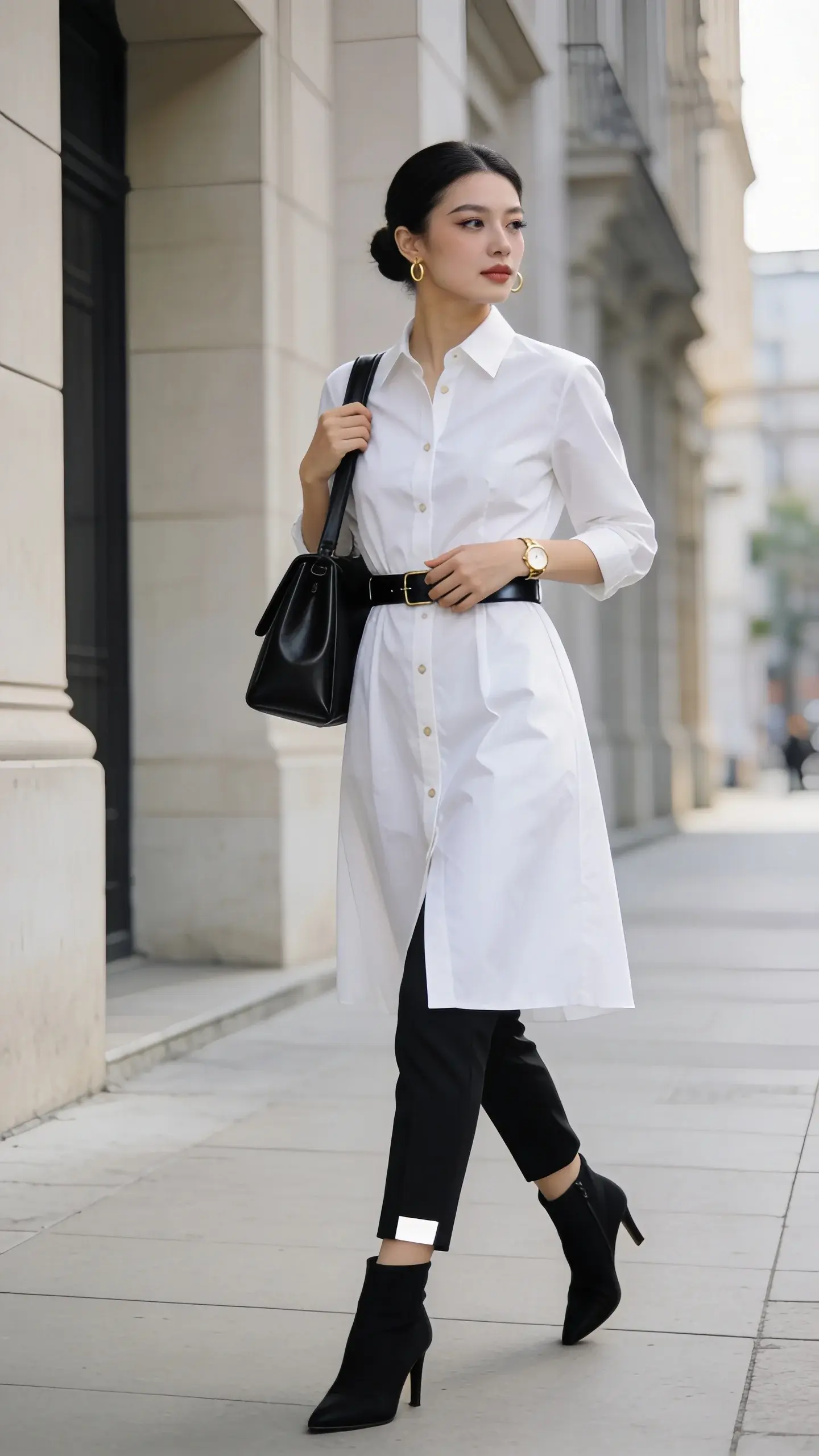 Runway-ready elegant woman wearing a layered dress over pants, photographed in natural daylight on a clean city sidewalk with soft architectural backdrops. She wears a crisp white A-line midi shirt dress fully buttoned, belted at the waist with a slim black leather belt, layered over slim black tailored trousers. On her feet: black heeled ankle boots with a sleek silhouette. Accessories are minimal and polished: small gold hoop earrings, a slim gold watch, and a structured black leather shoulder bag with sharp lines. Hair is smooth in a low bun; makeup is fresh with a subtle cat eye and nude lip. Color palette limited to white and black only for a cohesive, modern look. The dress hem hits mid-calf, the trousers are ankle-length with a clean break over the boots. Pose is confident mid-stride, one hand lightly touching the belt, the other holding the shoulder bag. Composition emphasizes clean lines and layering contrast; shallow depth of field, high-resolution, editorial street-style photography, soft side lighting, realistic texture details in cotton shirting, wool trousers, and polished leather, no text.