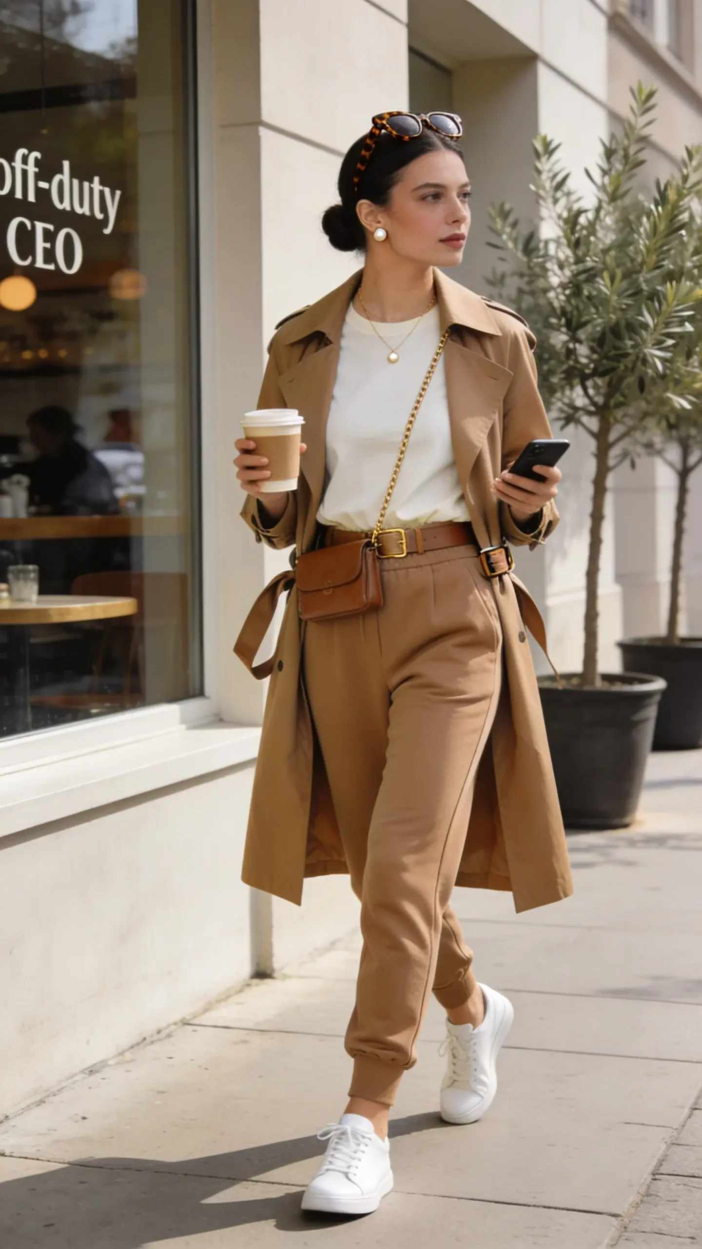 Elegant woman in an elevated athleisure look walking along a sunlit city sidewalk outside a minimalist café, “off-duty CEO” vibe; she wears a cream cotton tee neatly tucked and gently bloused at the waist into tan tailored joggers with a clean tapered ankle, layered under a camel, knee-length classic trench with belt loosely tied in back; footwear: pristine white leather sneakers; accessories: small pearl stud earrings, a thin gold chain necklace, a slim leather belt bag worn crossbody, and tortoiseshell sunglasses pushed up on her head; hair in a low, sleek bun; muted, refined makeup with soft glow; color palette: cream, tan, camel, white, subtle gold; she holds a takeaway coffee in one hand and a phone in the other, mid-stride; background details: soft morning light, shallow depth of field, neutral-toned architecture, faint reflections in café window, a couple of potted olive trees; styling notes visible: crisp tee tuck and slight blouse at waist, clean jogger lines with pressed seam, trench drape and structured collar; realistic high-resolution fashion photography, natural light, 50mm lens look, editorial street style, no text.