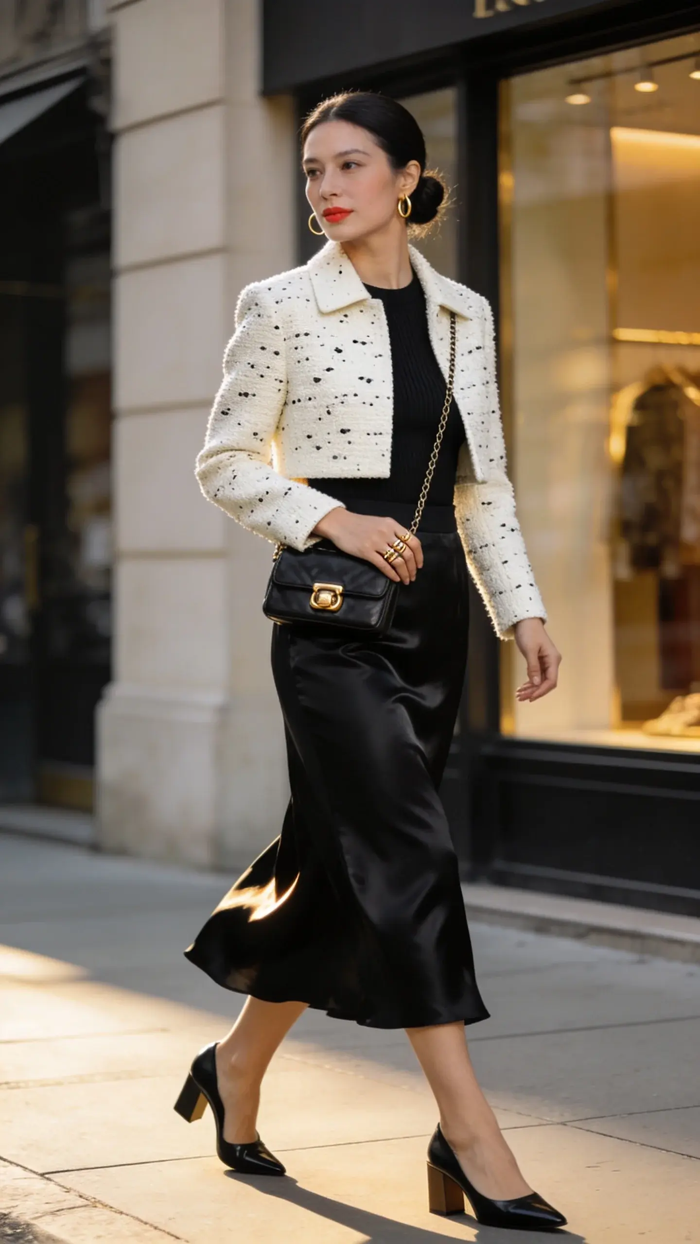 Realistic high-fashion street style photo of an elegant woman in her late 30s, poised mid-stride on a clean city sidewalk near a boutique storefront. She wears a cropped, collarless tweed/bouclé jacket in ivory with subtle black flecks (the hero piece), over a fine-gauge black knit bodysuit neatly tucked into a fluid black satin midi skirt that catches the light and moves as she walks. On her feet: black leather slingback pumps with a modest block heel. Accessories: a small black leather chain-strap shoulder bag with gold hardware resting at hip height, minimal stacked gold rings on one hand, delicate gold hoop earrings. Hair in a sleek low chignon, soft natural makeup with a rosy lip. Color palette: monochrome black and ivory with gold accents. Styling notes visible: clean waistline from the tucked knit, contrasting textures between nubby tweed and glossy satin, overall sleek lines. Lighting: late afternoon golden hour, soft shadows, crisp detail on fabric textures. Depth of field: shallow, subject sharply in focus, gently blurred urban background with neutral tones. Shot on full-frame DSLR, 50mm lens, eye-level composition, no text.