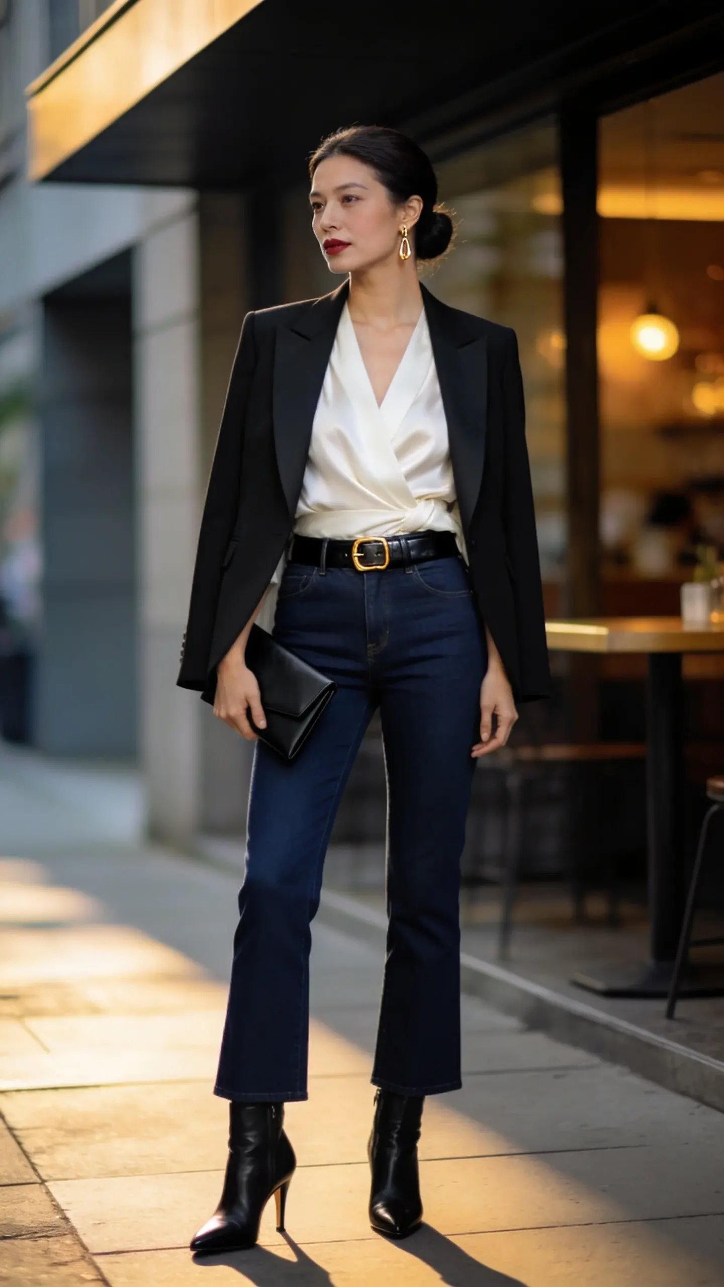 Elegant woman in her late 30s standing on a sunlit city sidewalk outside a minimalist café, styled to make dark denim read like tailored trousers. She wears dark indigo, straight-leg jeans with no distressing, hem perfectly skimming refined black leather ankle boots with a slim heel. A fluid ivory silk wrap blouse is French-tucked at the front into the waistband, showing a sleek black leather belt with a subtle gold buckle. Over her shoulders, a structured, single-breasted black blazer with sharp lapels creates a polished silhouette. She carries a slim black envelope clutch in one hand and wears delicate gold drop earrings. Her hair is in a smooth low chignon, makeup is natural with a soft matte finish and berry nude lip. Lighting is golden hour, soft and flattering, with shallow depth of field; background shows blurred modern architecture and warm café glow. Color palette: deep indigo, black, ivory, and gold accents. Emphasize crisp tailoring, realistic textures of denim, silk sheen, fine leather grain, and clean lines. Full-length, eye-level shot, editorial street-style fashion photography, no text.