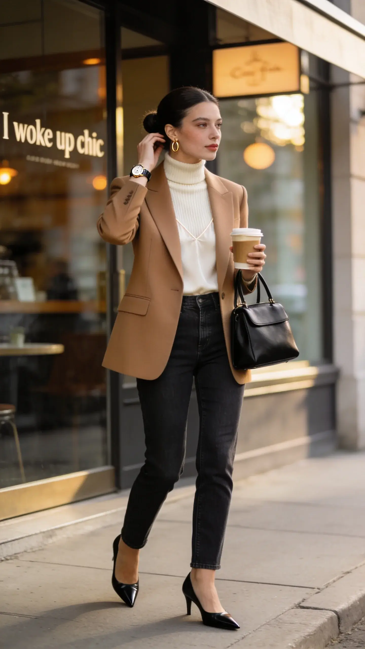 Elegant woman fashion editor on a chic city sidewalk outside a minimalist café at golden hour, exuding “I woke up chic” energy—wearing a structured single-breasted blazer in camel over a fine-gauge cream turtleneck, with a whisper-thin ivory silk camisole subtly peeking at the neckline for invisible polish; paired with slim straight-leg tailored dark denim and black pointed-toe leather pumps. She carries a sleek black top-handle bag and delicate gold hoop earrings, with a classic watch. Hair in a smooth low bun, fresh skin, soft taupe eyes, nude lip. Posture confident yet relaxed—one hand holding a takeaway latte, the other tucking hair behind ear. Background features soft bokeh of café signage and warm light reflecting off glass; muted, neutral color palette with clean lines. Photo style: high-resolution, natural light, editorial street style photograph, shallow depth of field, crisp textures highlighting blazer structure, knit finesse, and denim grain.