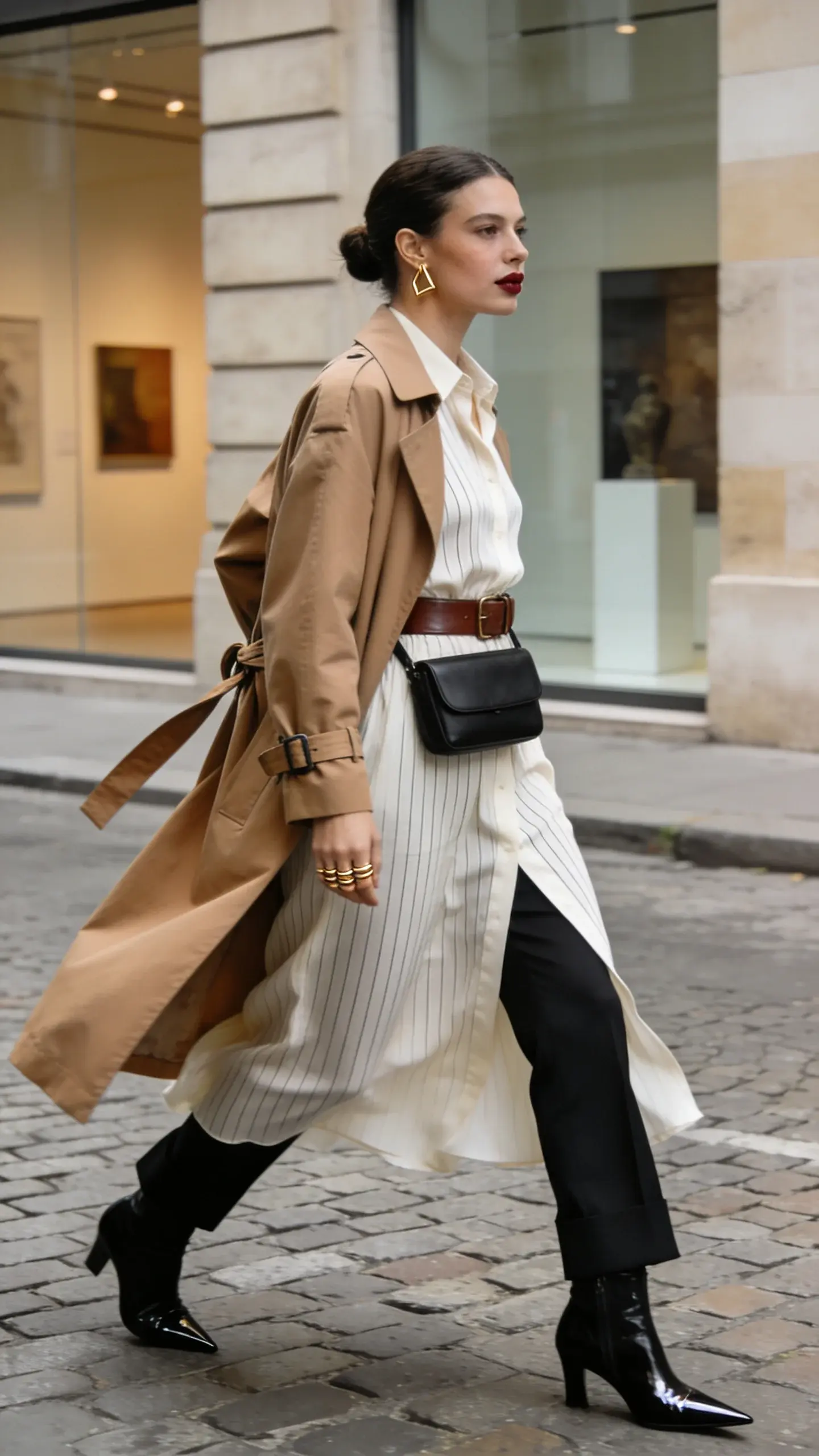 Realistic high-fashion street style photo of an elegant woman executing the dress-over-pants look: she wears a flowing ivory midi shirt dress with subtle pinstripes layered over slim black tailored cigarette trousers, cinched at the waist with a matte chocolate-brown leather belt. On her feet, pointed black ankle boots with a slight sheen. She tops the look with a lightweight camel trench coat left open, its belt loosely tied at the back for movement. Accessories: minimal geometric gold earrings, a delicate stack of thin gold rings, and a structured black crossbody bag with clean lines worn high on the hip. Her hair is sleek in a low bun, soft natural makeup with a muted berry lip. She walks mid-stride on a cobblestone city street near a gallery district, soft overcast daylight, shallow depth of field, motion in the trench and hem for dynamic flow. Neutral, architectural background with warm stone and glass, no text, no logos. Shot on a full-frame camera, 85mm lens, f/2.0, high resolution, editorial fashion photography, refined color grading, crisp textures on fabric and leather.