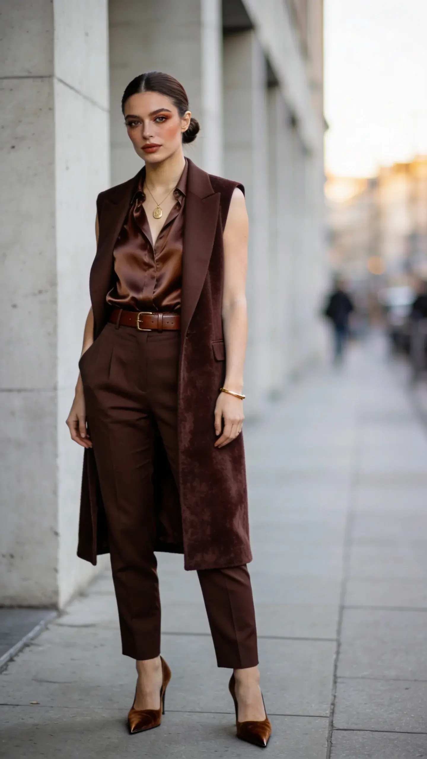 Editorial street-style portrait of an elegant woman fashion editor wearing a head-to-toe monochrome look in deep chocolate brown: a fluid silk satin blouse tucked into high-waisted tailored trousers, layered with a longline sleeveless blazer in the same rich hue. She stands on a chic city sidewalk near minimalist concrete architecture and soft afternoon light. Accessories are tone-on-tone: fine leather belt, suede pointed-toe pumps, a minimal gold pendant necklace, and a thin gold cuff bracelet. Subtle textures are emphasized—silk sheen, matte wool tailoring, and velvety suede—creating depth within a single color story. Hair is sleek in a low bun, natural glam makeup with soft brown tones, and a confident front-row gaze. Shot on a full-frame camera, 85mm lens, shallow depth of field, crisp realistic detail, soft bokeh background, natural color grading for a luxe, editorial finish. No text.