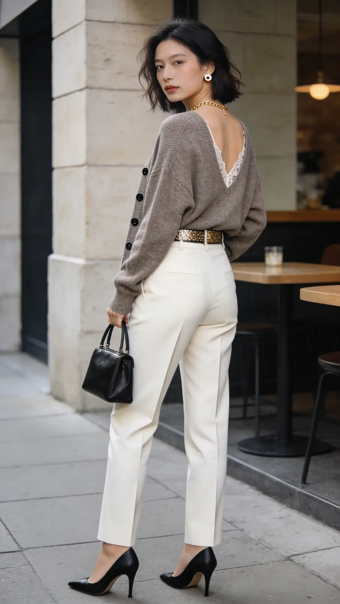 A realistic, high-quality street-style photo of a woman wearing a slouchy cardigan styled as a top, buttoned up and front-tucked into high-waisted tailored trousers, with the back of the cardigan skimming her hips. She adds a slim statement belt to define the waist, delicate stud earrings, and a thin gold chain; a hint of lace-trim camisole peeks from a low V-neck. On her feet: sleek black slingback heels. The cardigan is a soft heathered taupe, slightly oversized with subtle ribbing; trousers are cream, straight-leg with sharp creases. The setting is a clean, modern city sidewalk near a minimalist café with neutral stone walls and soft morning light; shallow depth of field. The model has natural makeup, slightly tousled shoulder-length hair, and carries a compact black leather top-handle bag. Emphasize texture of knit, crisp tailoring, and refined, minimalist aesthetic; realistic skin tones, soft shadows, editorial fashion photography, 35mm lens look, high resolution, no text.