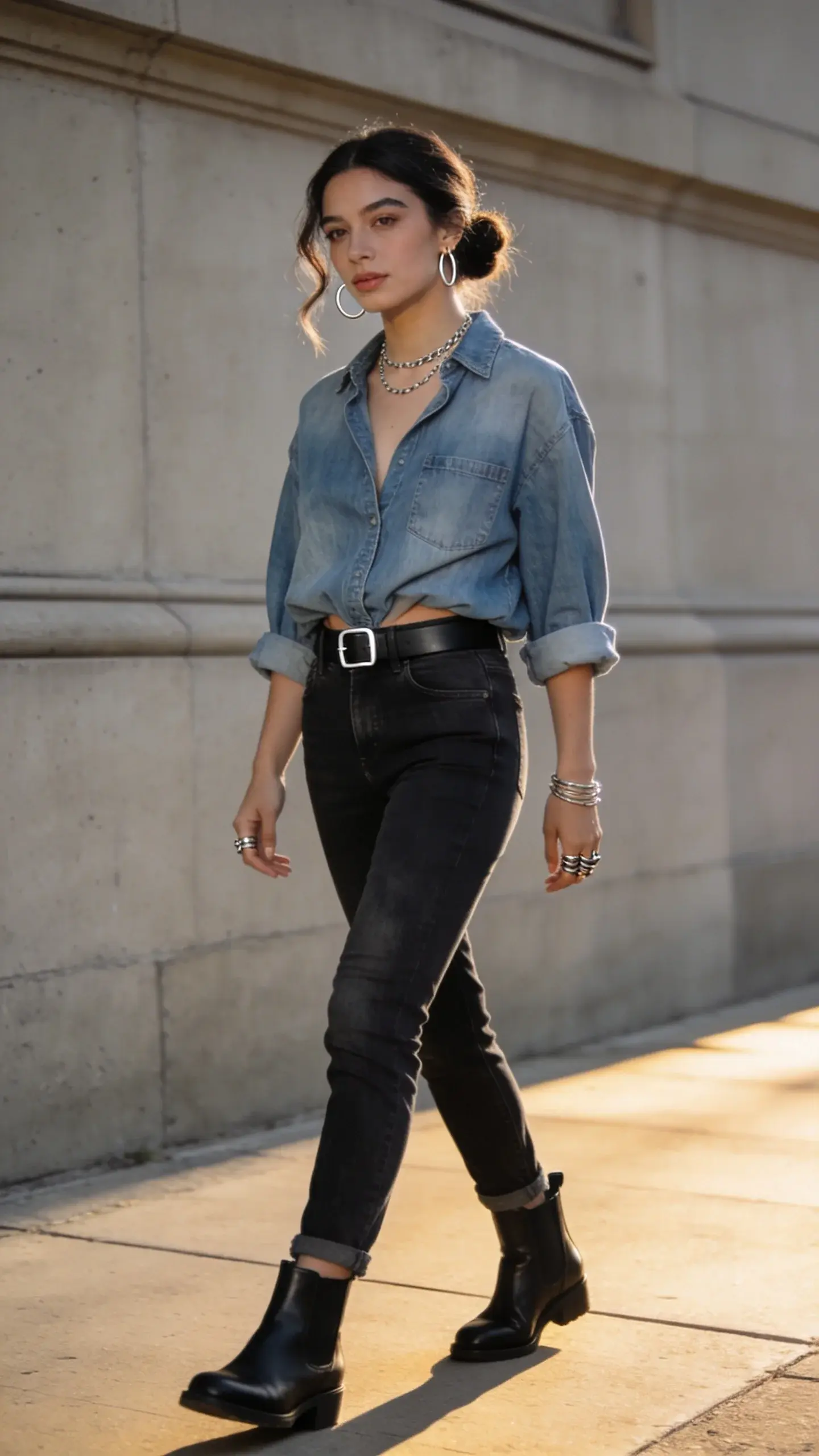 Street-style fashion photo of a confident woman wearing a modern denim-on-denim look: a soft, slightly oversized light-wash chambray shirt half-tucked into high-waisted, slim straight dark-wash jeans, sleeves rolled to the elbows. She wears a black minimalist leather belt with a simple silver buckle, sleek black leather Chelsea boots, and layered silver jewelry (thin hoop earrings, delicate chain necklace, a couple of stacking rings). Her makeup is natural with brushed brows and a soft nude lip; hair in a loose low bun with face-framing tendrils. She stands mid-stride on a sunlit city sidewalk in front of a neutral concrete wall with subtle architectural lines, shallow depth of field. Golden-hour lighting adds gentle contrast and highlights the denim textures and contrasting washes. Photographed with a full-frame DSLR, 50mm lens, eye-level angle, high-resolution, editorial street-style aesthetic, no text.